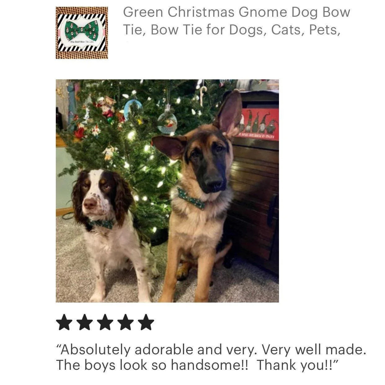 Two dogs wearing green Christmas bow ties stand by a Christmas tree indoors