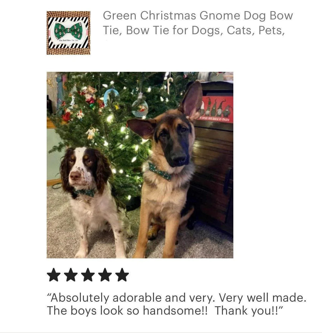 Two dogs wearing green Christmas bow ties stand by a Christmas tree indoors