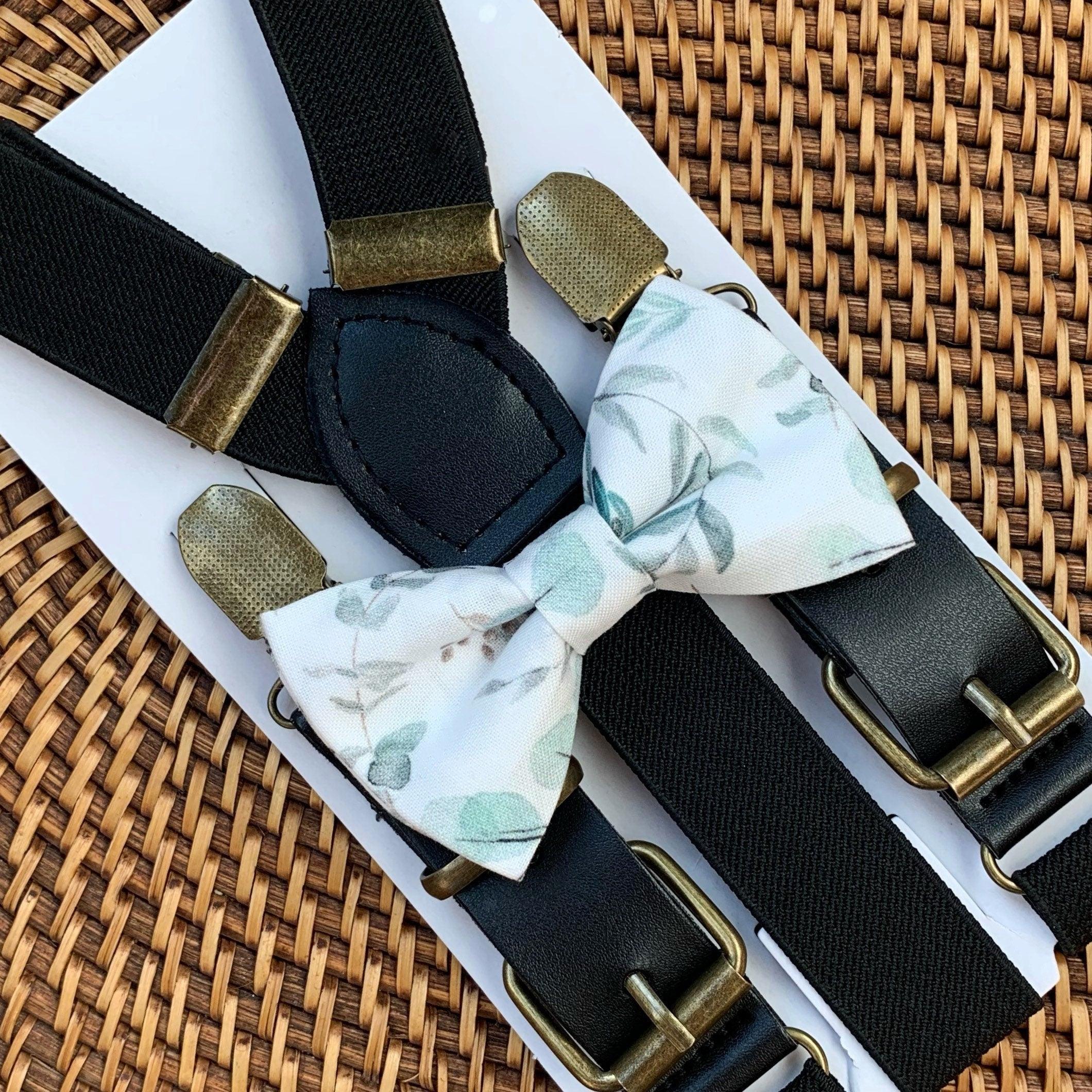 Sage floral bow tie and black suspenders for men, toddlers and kids handmade in the USA and pre-tied, for wedding, groomsmen and ring bearer.