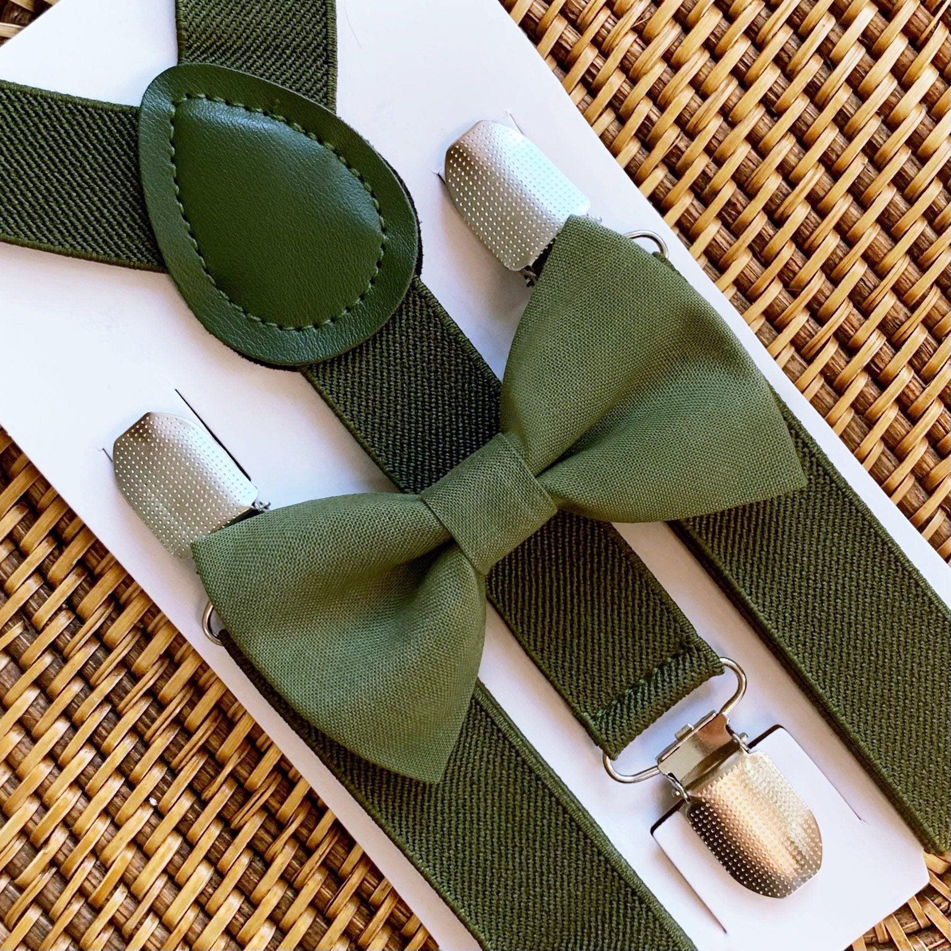 Olive green bow tie and suspenders for men and boys for wedding groomsmen and ring bearer outfits.