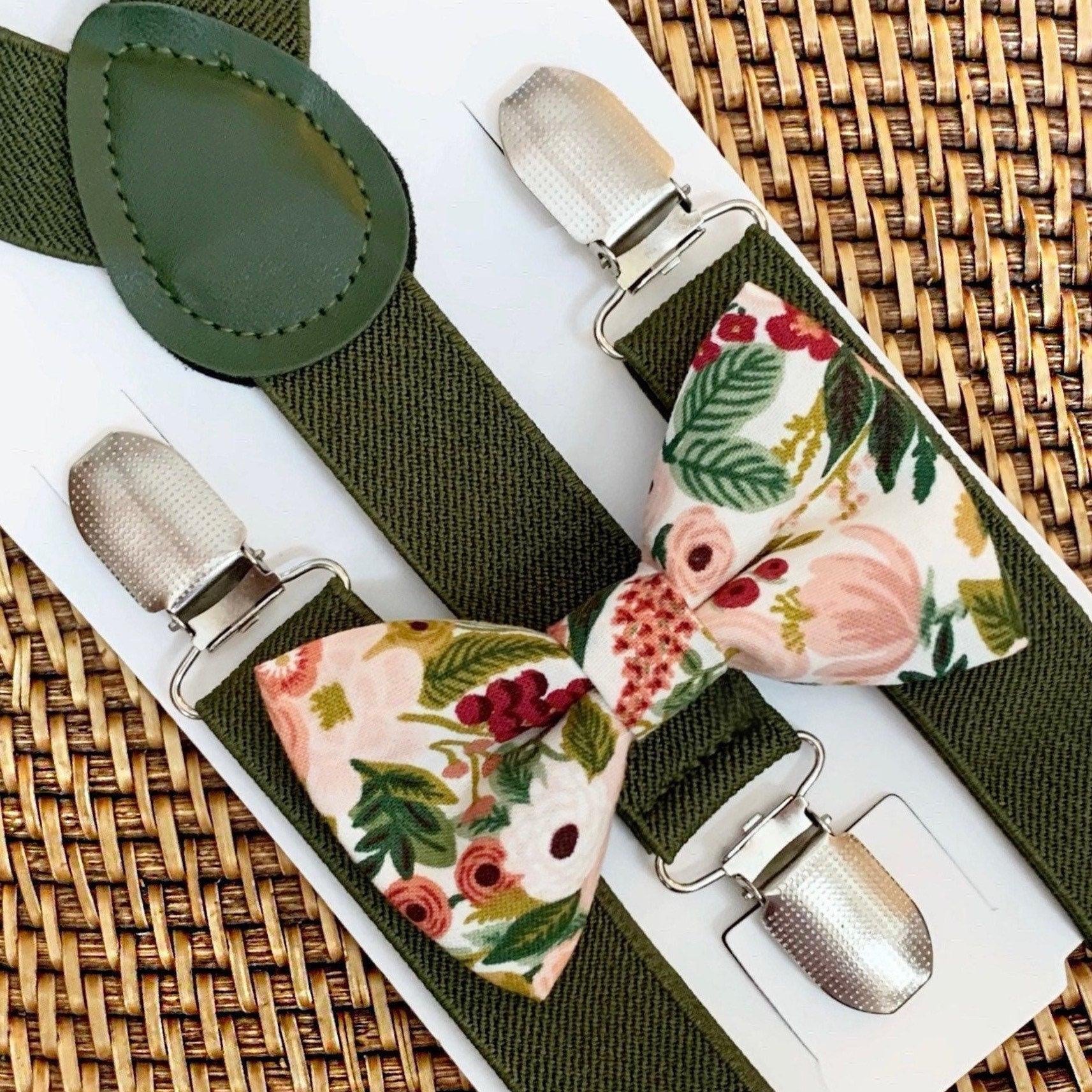 Maroon Rifle Paper Co fabric Bow Tie & Olive Suspenders Set for weddings, Christmas, groomsmen and ring bearers.