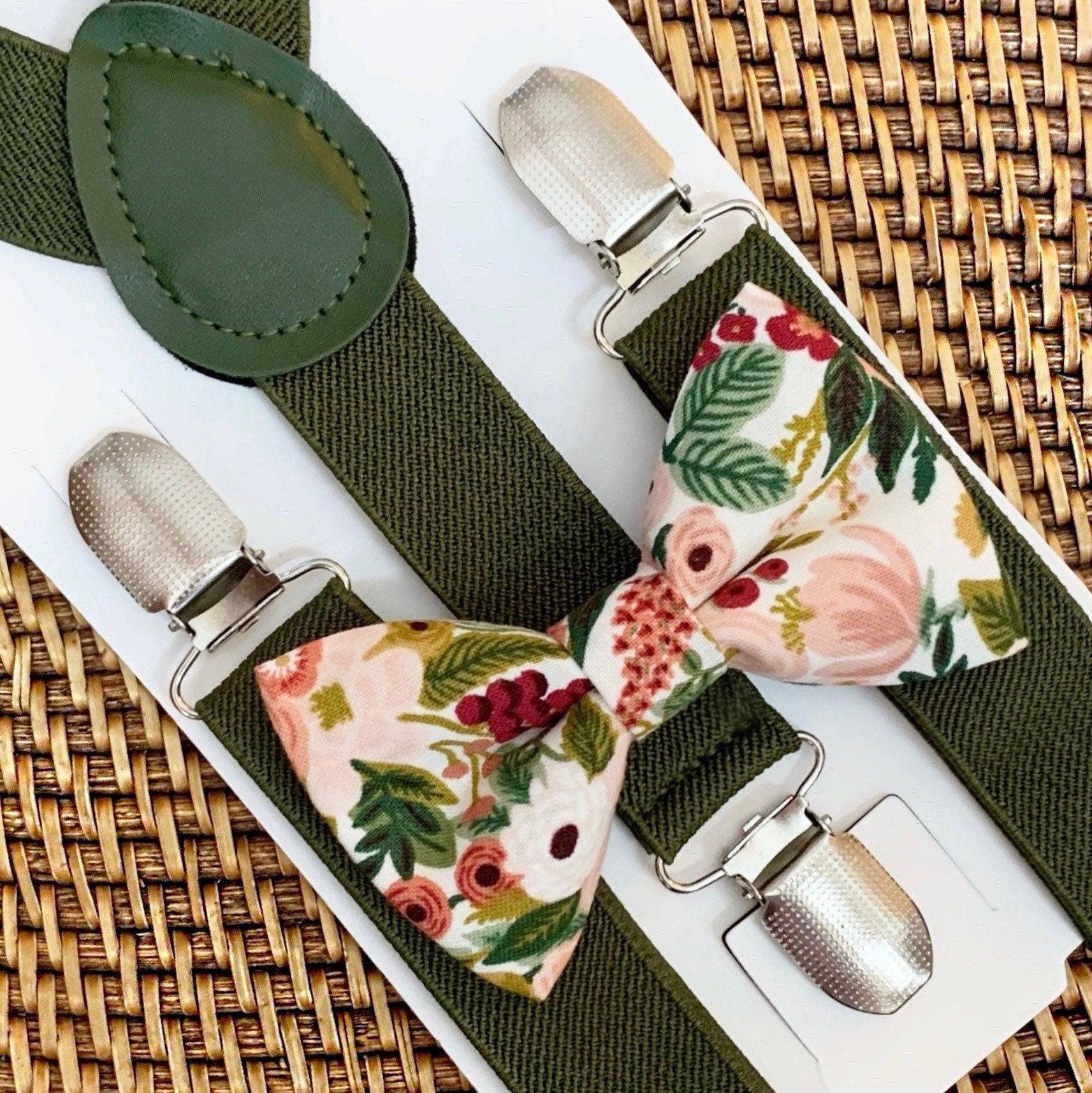 Maroon Rifle Paper Co Bow Tie & Olive Suspenders Set for weddings, Christmas, groomsmen and ring bearers.