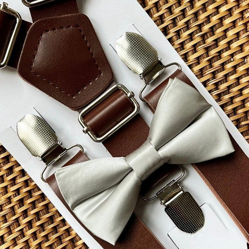 Silver bow tie and brown suspenders for men, toddlers and kids handmade in the USA and pre-tied, for wedding, groomsmen and ring bearer.