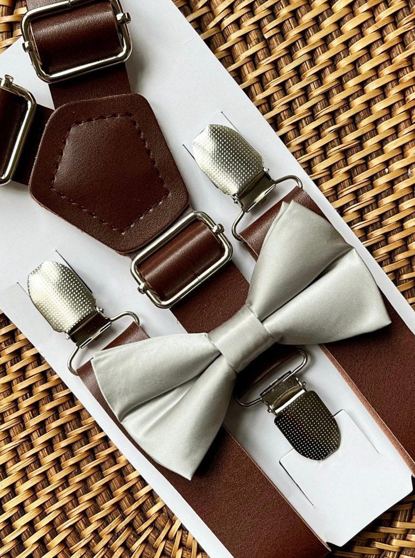 Silver bow tie and brown suspenders for men, toddlers and kids handmade in the USA and pre-tied, for wedding, groomsmen and ring bearer.
