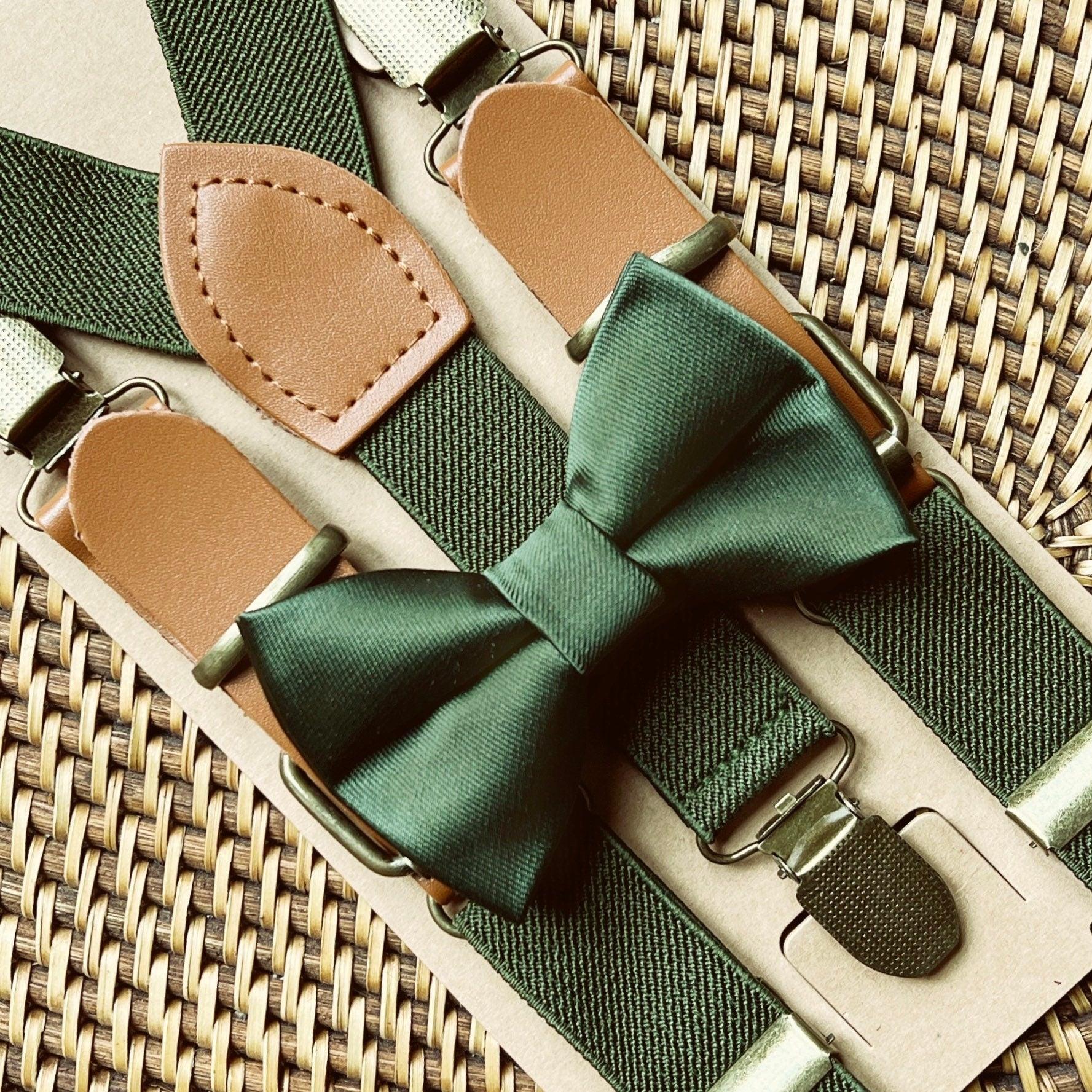 Satin Olive Bow Tie & Olive Buckle Suspenders Set for groomsmen and ring bearers.