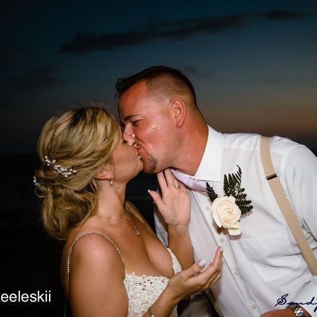 Tan men’s suspenders for wedding worn by groom