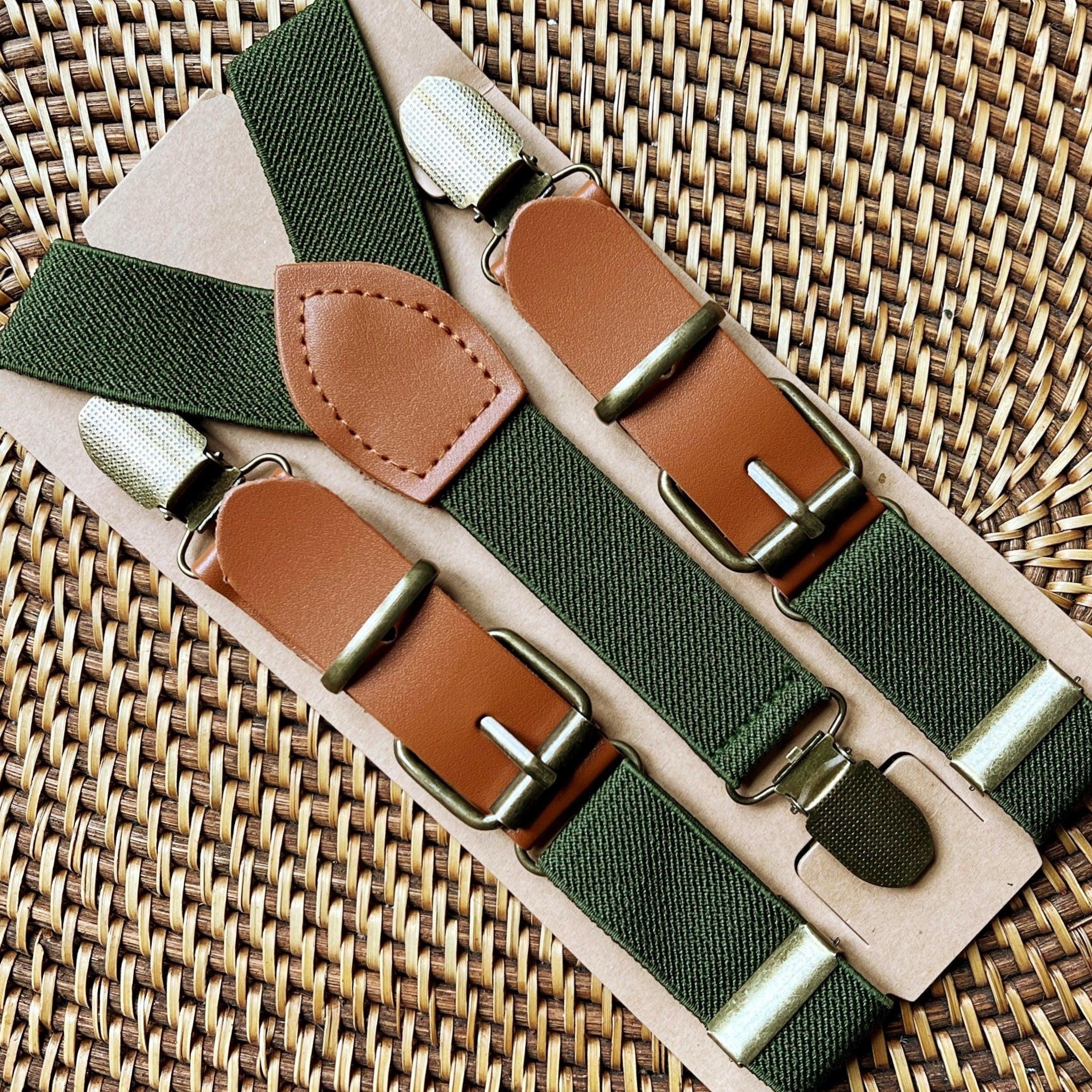 Olive green suspenders for wedding, ring bearer outfit or groomsmen in a wedding party.