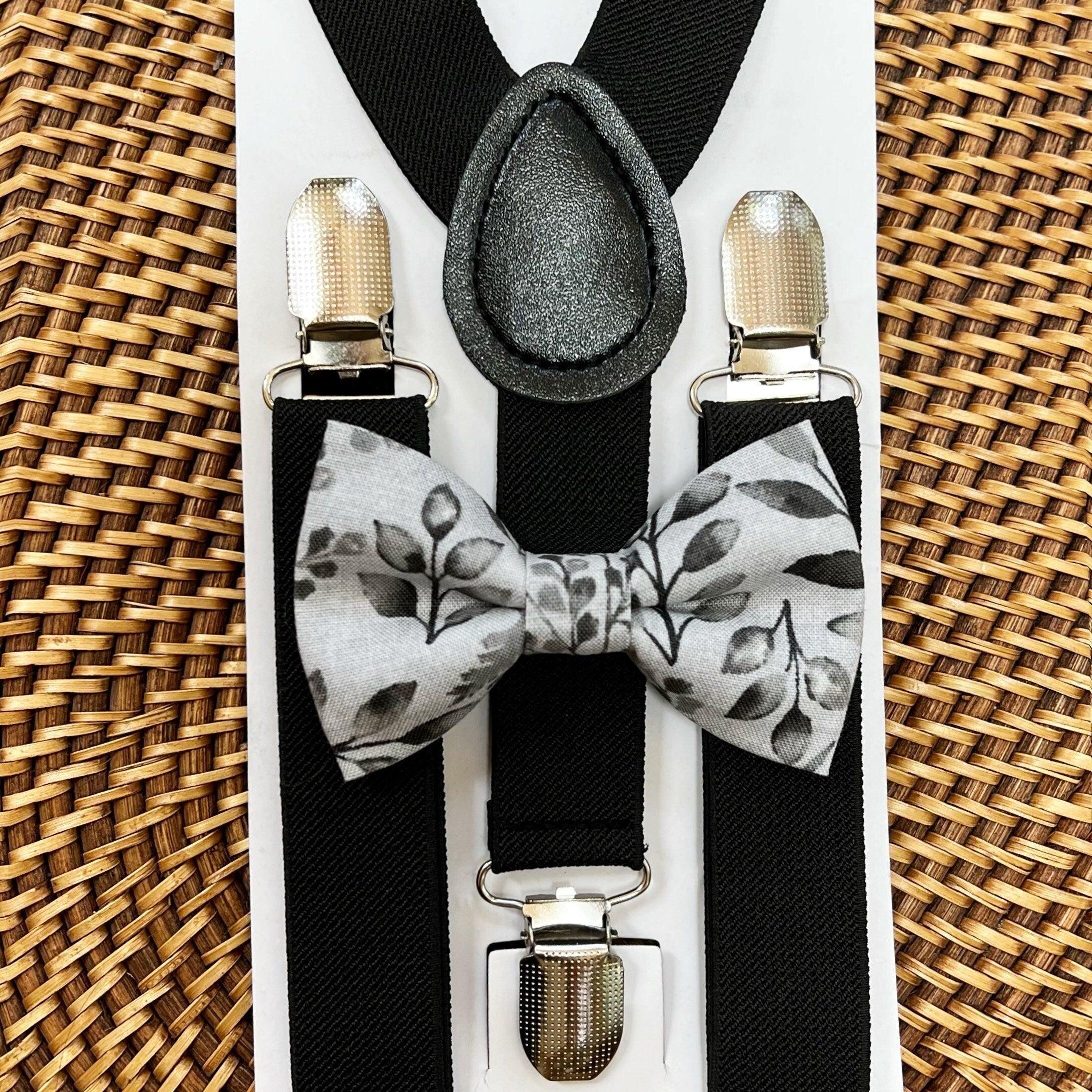 Size chart for suspender and bow tie sets from The Bold Bow Tie. Small (6mo-6yr): 18"-29" suspenders, 3.5" bow. Medium (7-12yr): 25.5"-40" suspenders, 4" bow. Adult (13yr-6ft tall): 25.5"-40" suspenders, 4.5" bow. Big & Tall (Over 6ft tall): 31"-53" suspenders, 4.5" bow. Instructions note to measure from the back waistband over the shoulder to the front waistband for a comfortable fit.