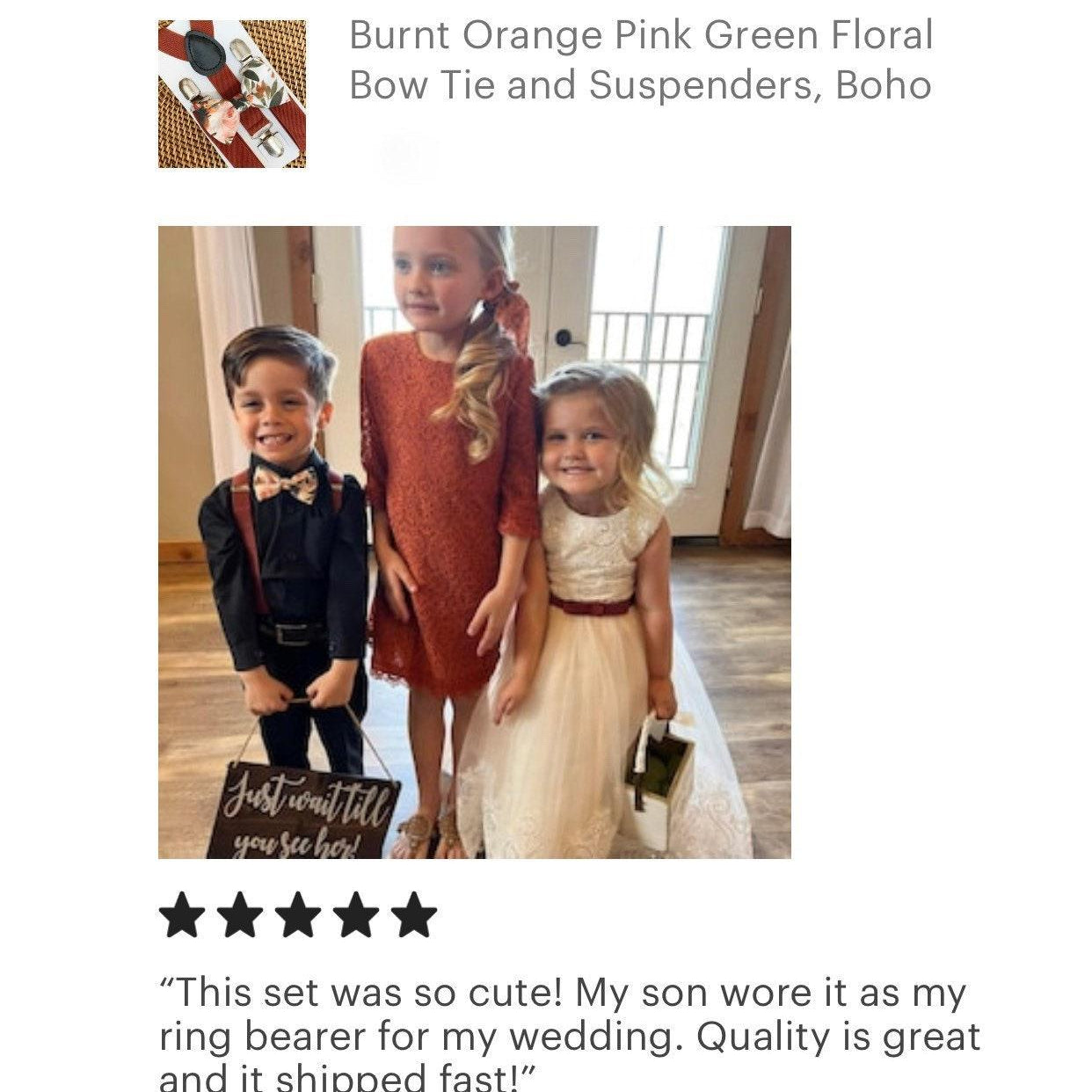 Social proof with 5 starts for burnt orange bow tie and suspenders for wedding.
