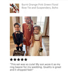 Social proof with 5 starts for burnt orange bow tie and suspenders for wedding.