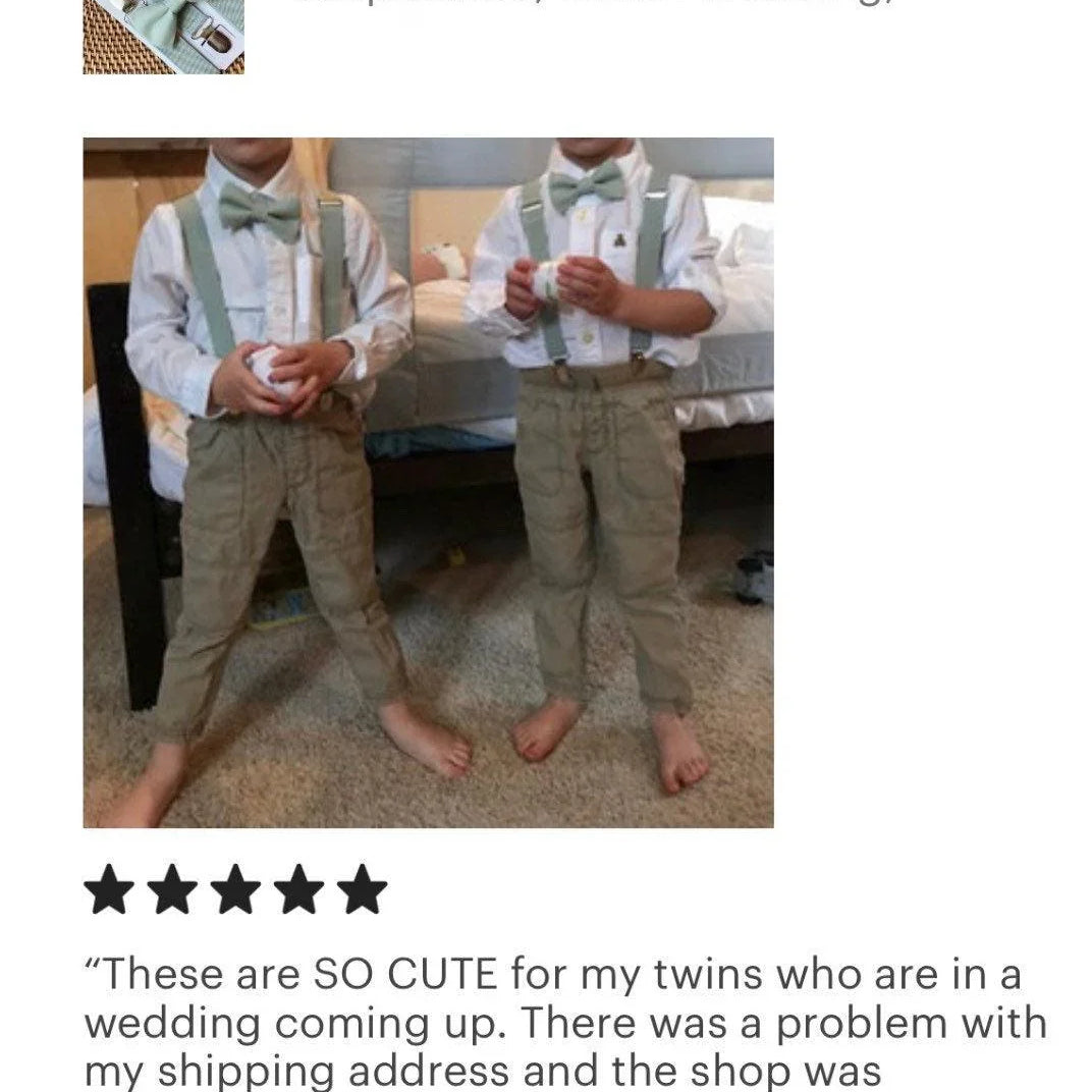 The Bold Bow Tie size chart for bow tie and suspender sets showing Small, Medium, Adult, and Big & Tall sizes with typical age ranges, suspender lengths, and bow tie widths. Small fits ages 6 months–6 years with 18–29 inch suspenders and a 3.5 inch bow tie; Medium fits ages 7–12 years with 25.5–40 inch suspenders and a 4 inch bow tie; Adult fits ages 13 years–6 feet tall with 25.5–40 inch suspenders and a 4.5 inch bow tie; Big & Tall fits over 6 feet tall with 31–53 inch suspenders and a 4.5 inch bow tie.