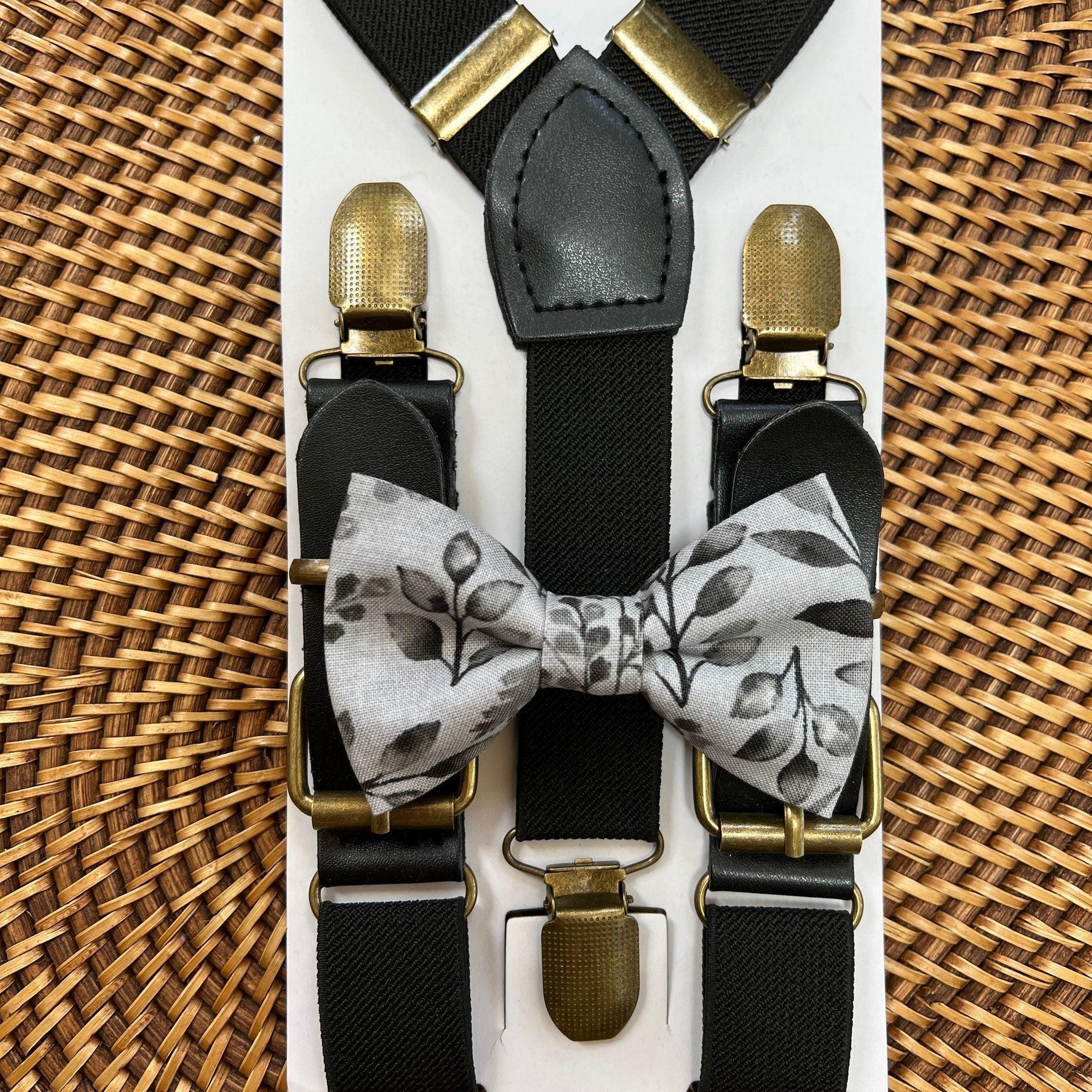 Size chart for suspender and bow tie sets from The Bold Bow Tie. X-Small (6mo-4yr): 15"-23" suspenders, 3.5" bow. Small (5-9yr): 18"-33" suspenders, 3.5" bow. Medium (10-12yr): 18"-33" suspenders, 4" bow. Adult (13yr-6'5"): 30"-53" suspenders, 4.5" bow. Big & Tall (Over 6'5"): 53"+ suspenders, 4.5" bow. Instructions note to measure from the back waistband over the shoulder to the front waistband for a comfortable fit.