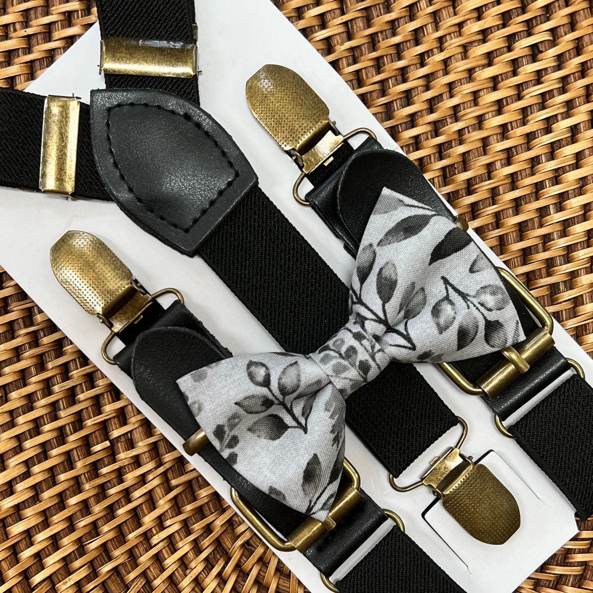 Gray floral bow tie and black suspenders for men, toddlers and kids handmade in the USA and pre-tied, for wedding, groomsmen and ring bearer.