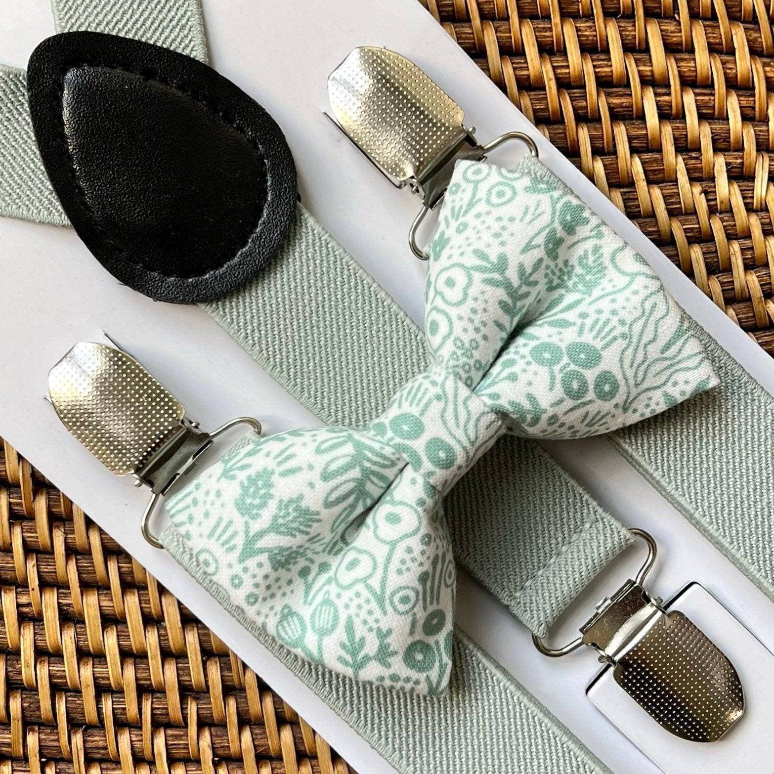 Sage green floral bow tie and sage suspenders for men, toddlers and kids handmade in the USA and pre-tied, for wedding, groomsmen and ring bearer.