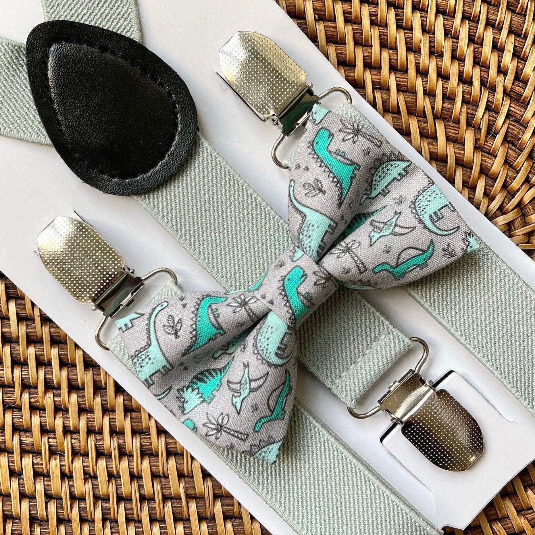 Dinosaur bow tie and sage green suspenders for men, toddlers and kids handmade in the USA and pre-tied, for wedding, groomsmen and ring bearer.