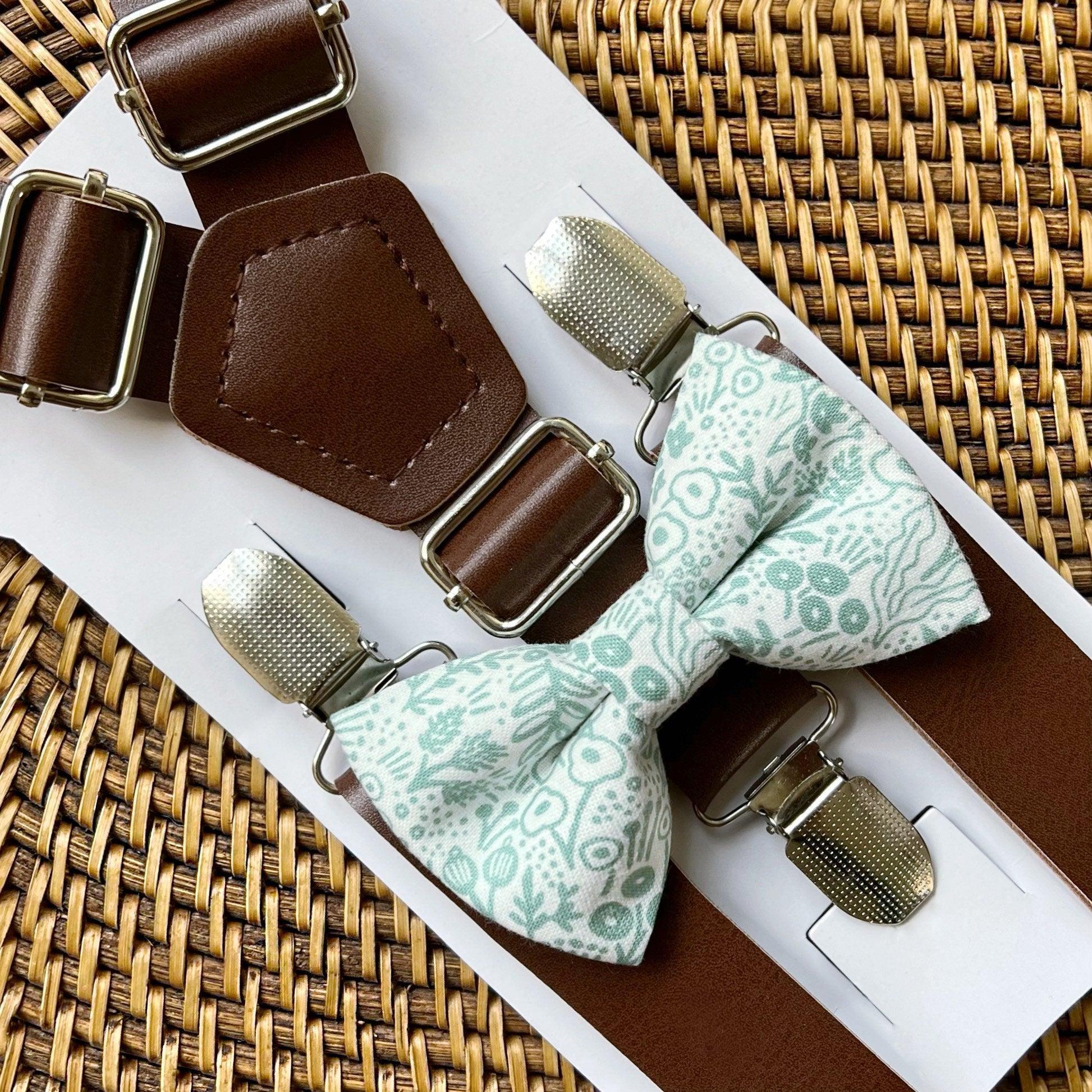 Sage floral bow tie and brown suspenders for men, toddlers and kids handmade in the USA and pre-tied, for wedding, groomsmen and ring bearer.