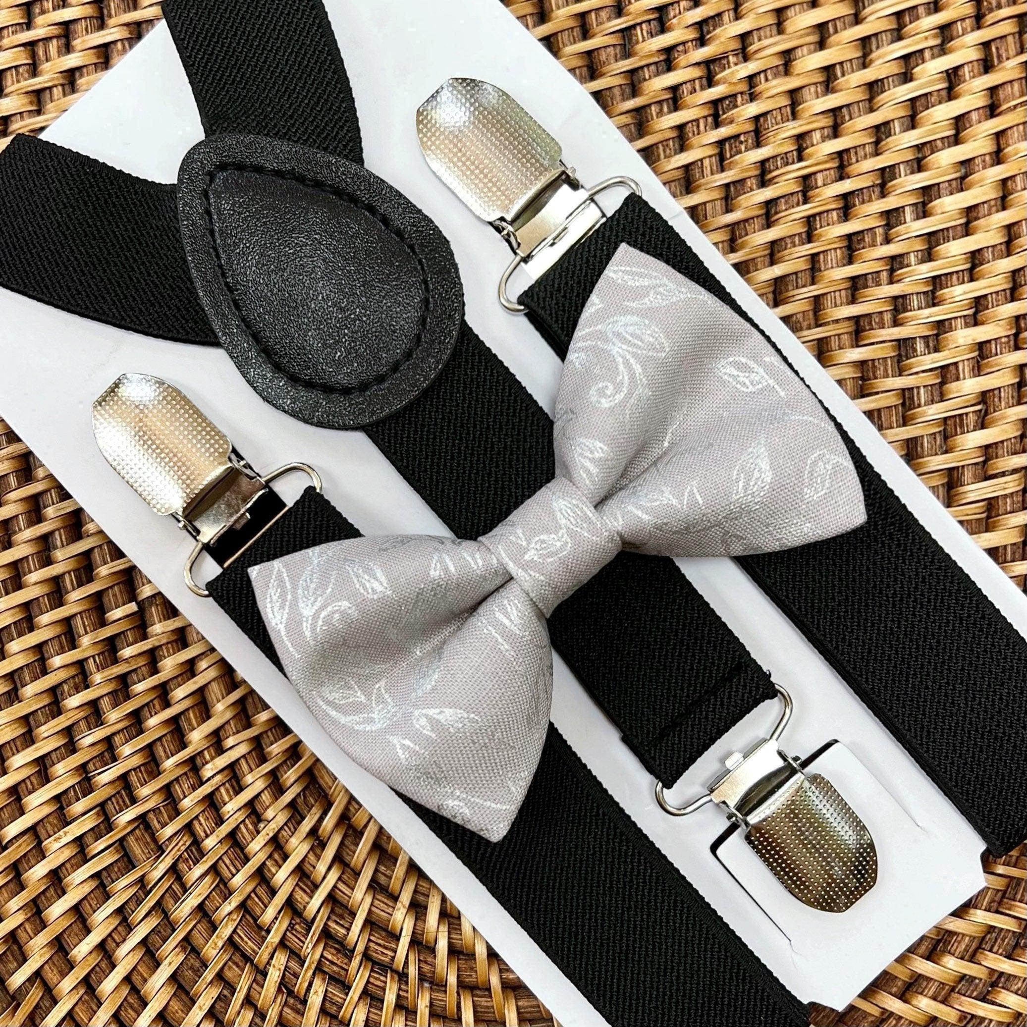 Silver bow tie and black suspenders for men, toddlers and kids handmade in the USA and pre-tied, for wedding, groomsmen and ring bearer.