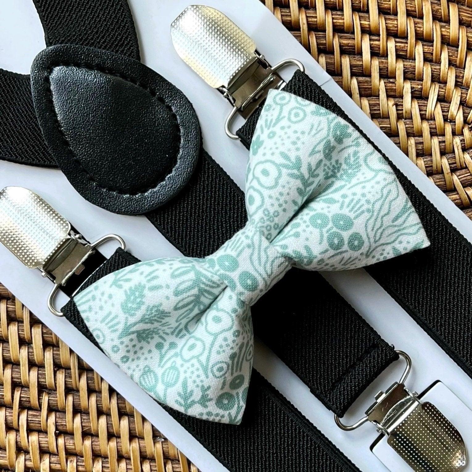 Sage floral bow tie and black suspenders for men, toddlers and kids handmade in the USA and pre-tied, for wedding, groomsmen and ring bearer.