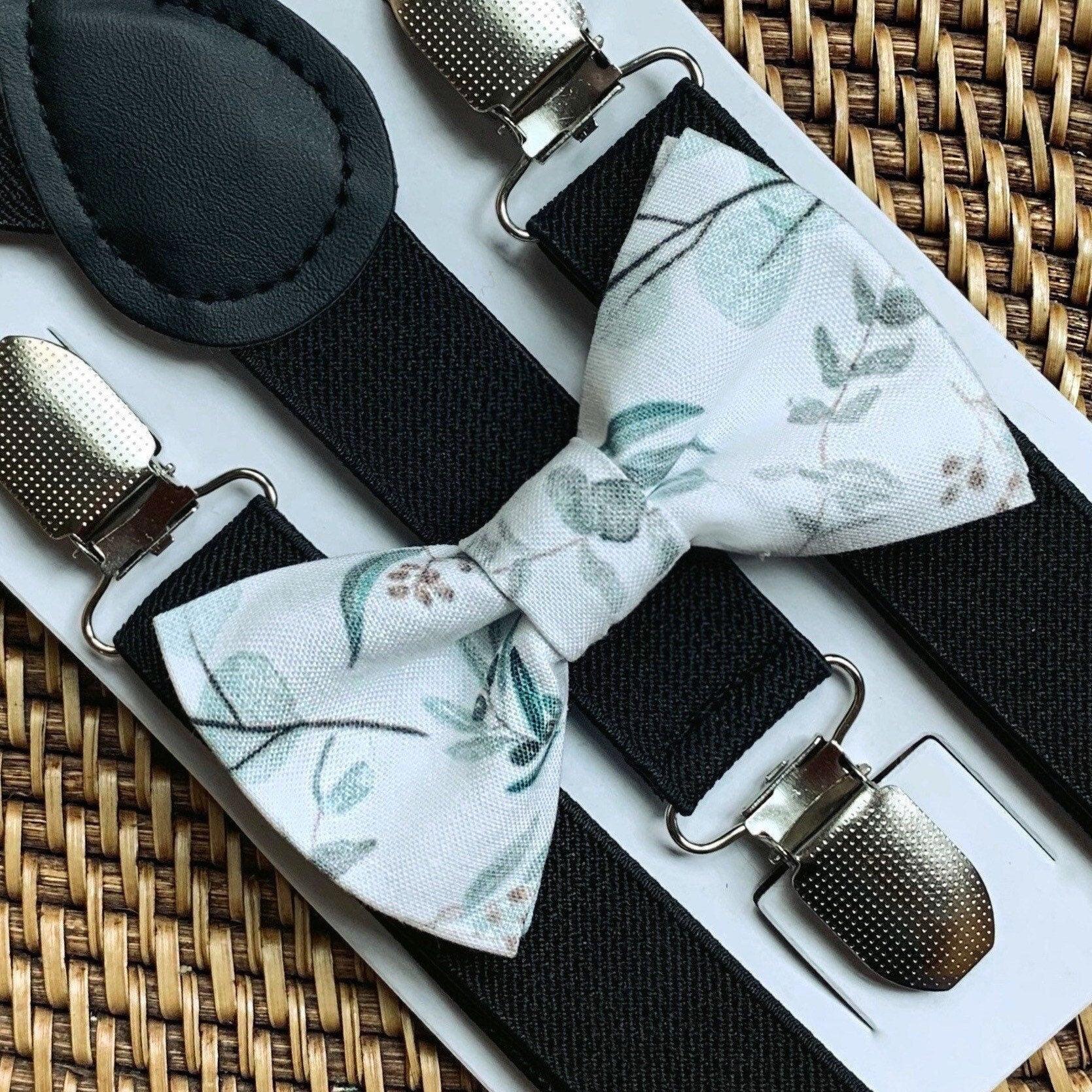 Sage floral Bow Tie and black suspenders for wedding party, groomsmen and ring bearers.