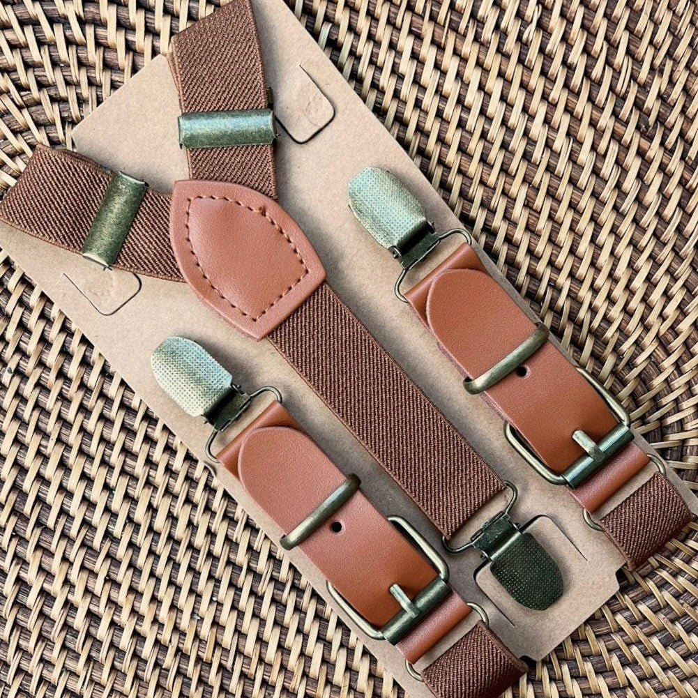 Dark brown suspenders for wedding, ring bearer outfit or groomsmen in a wedding party.