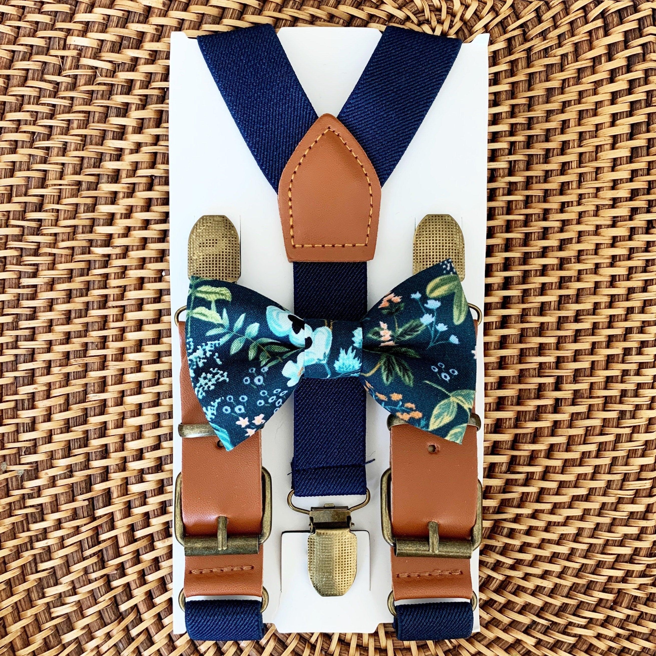 Floral navy bow tie and suspenders for men and boys