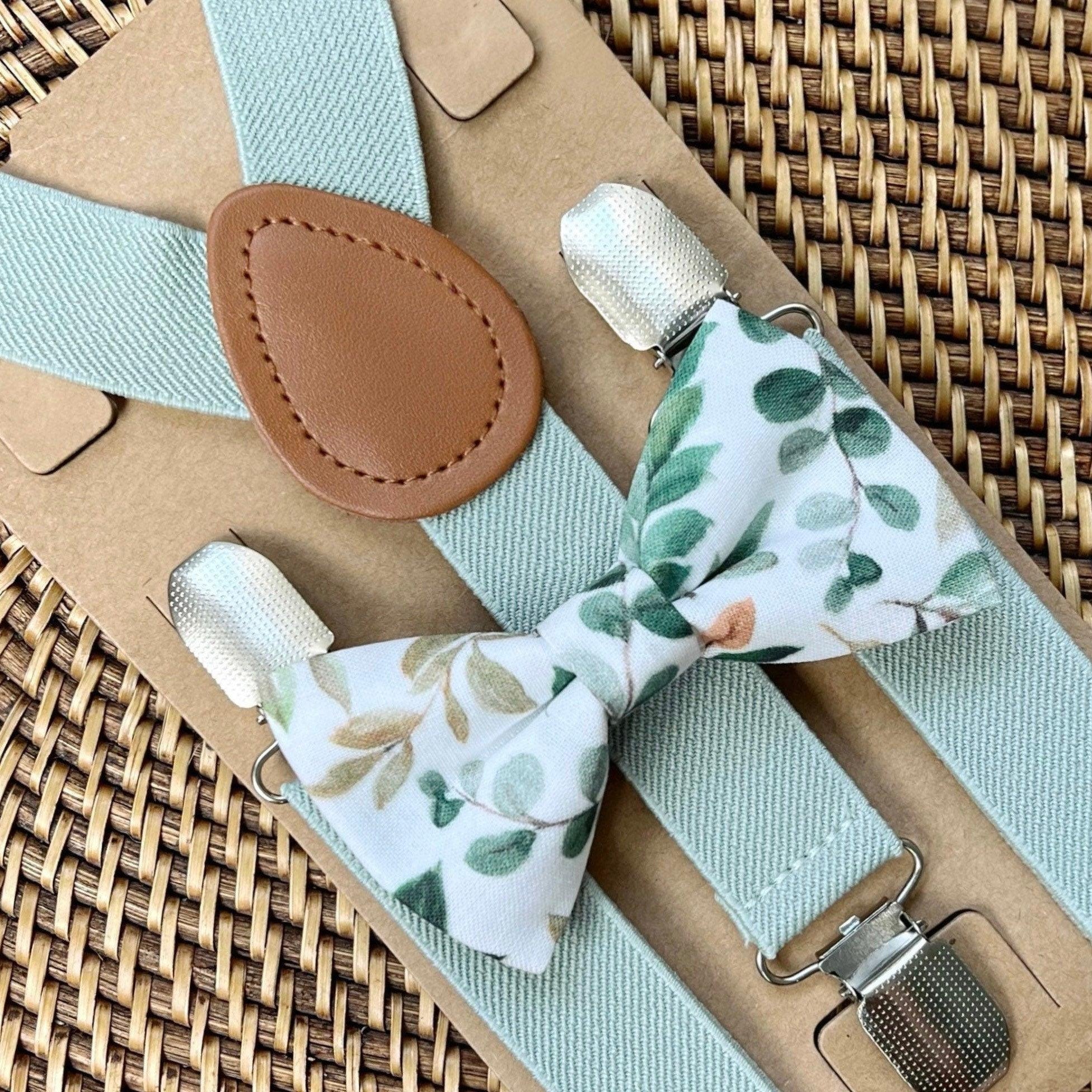 Green bow tie and suspenders for men and toddlers for groomsmen and ring bearer outfits.