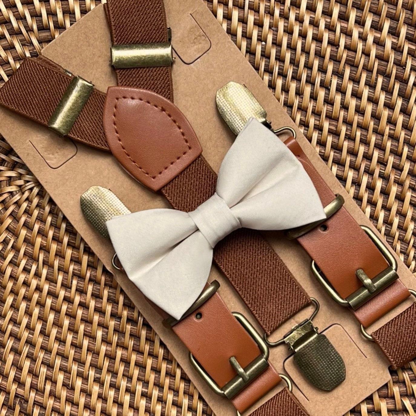 Champagne Bow Tie & Dark Brown Buckle Suspenders for wedding party, groomsmen and ring bearers.