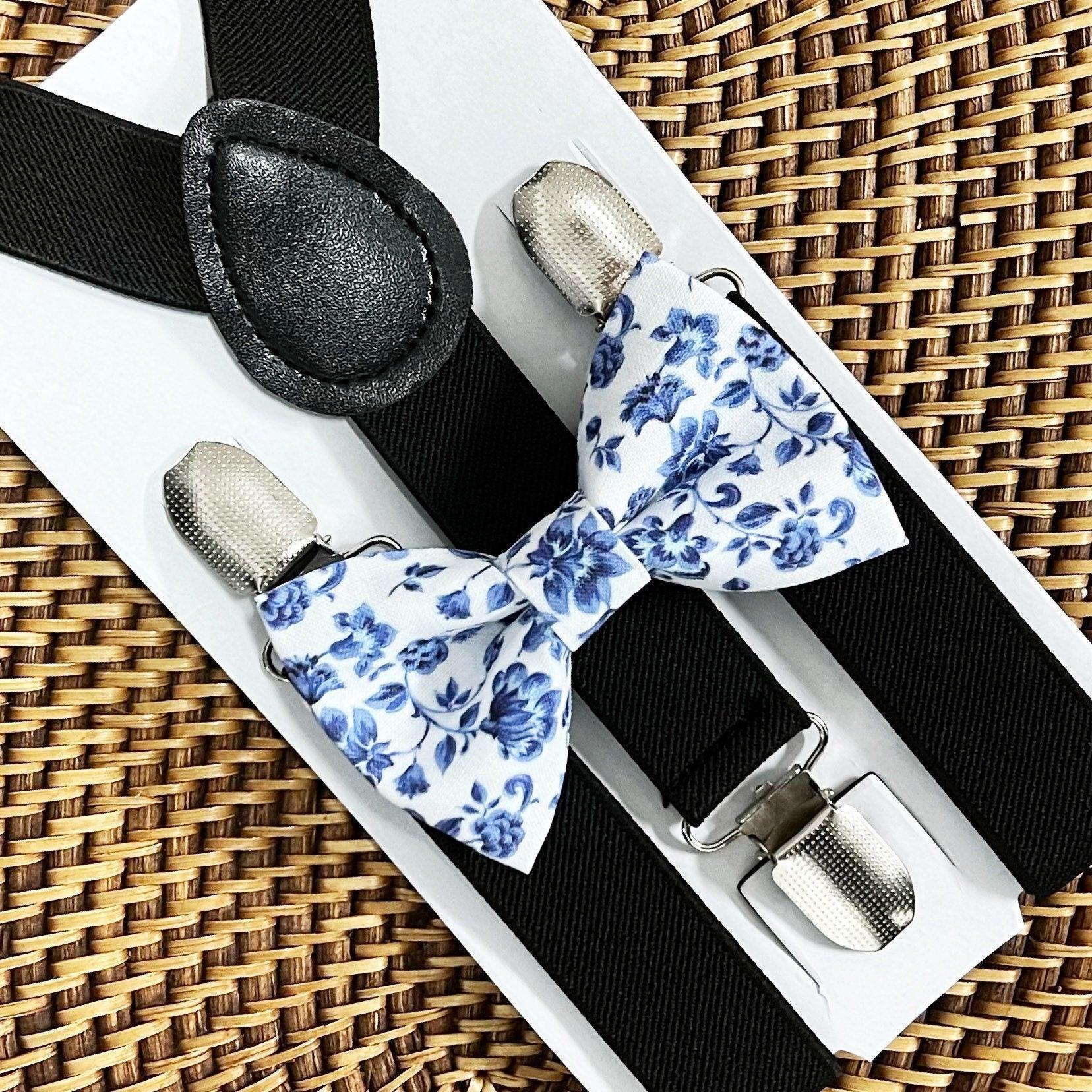 Floral bow tie and black suspenders for men, toddlers and kids handmade in the USA and pre-tied, for wedding, groomsmen and ring bearer.