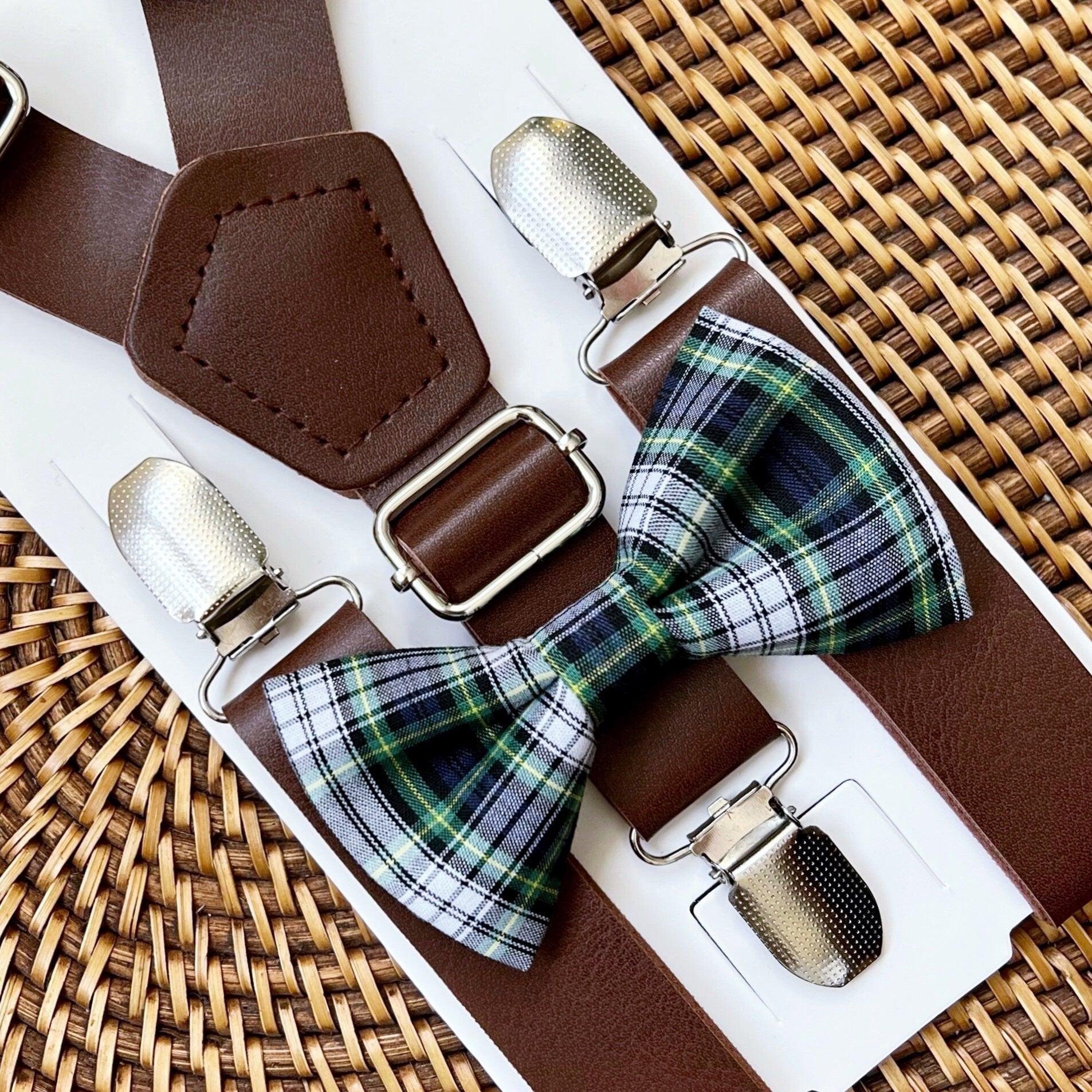 Navy green white tartan bow tie with brown vegan leather suspenders and metal buckles