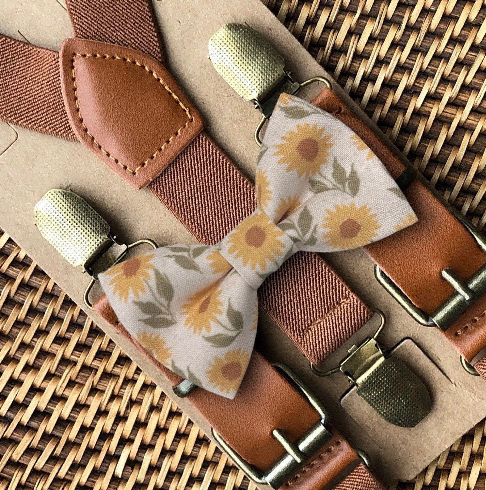 Sunflower Bow Tie & Cognac Buckle Suspenders Set for groomsmen, ring bearer and wedding.