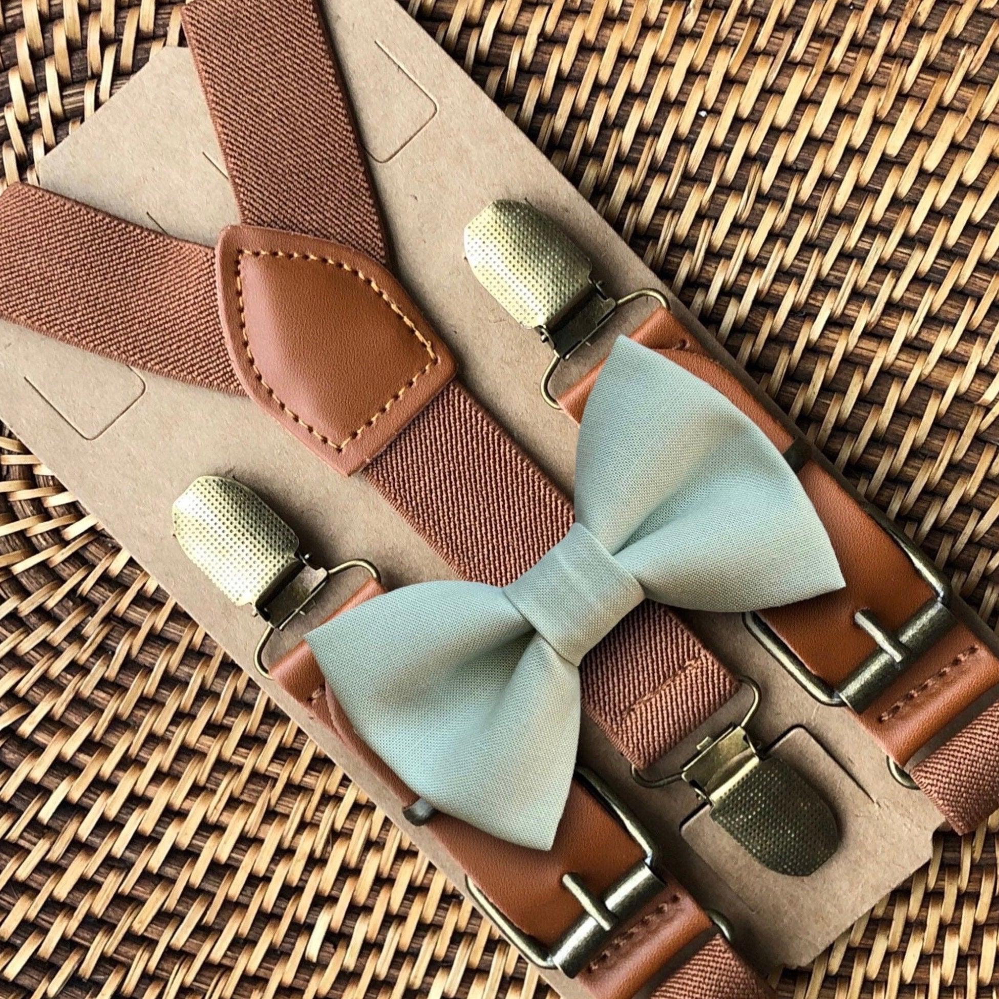 Sage Bow Tie & Cognac Buckle Suspenders Set for weddings, groomsmen and ring bearers.