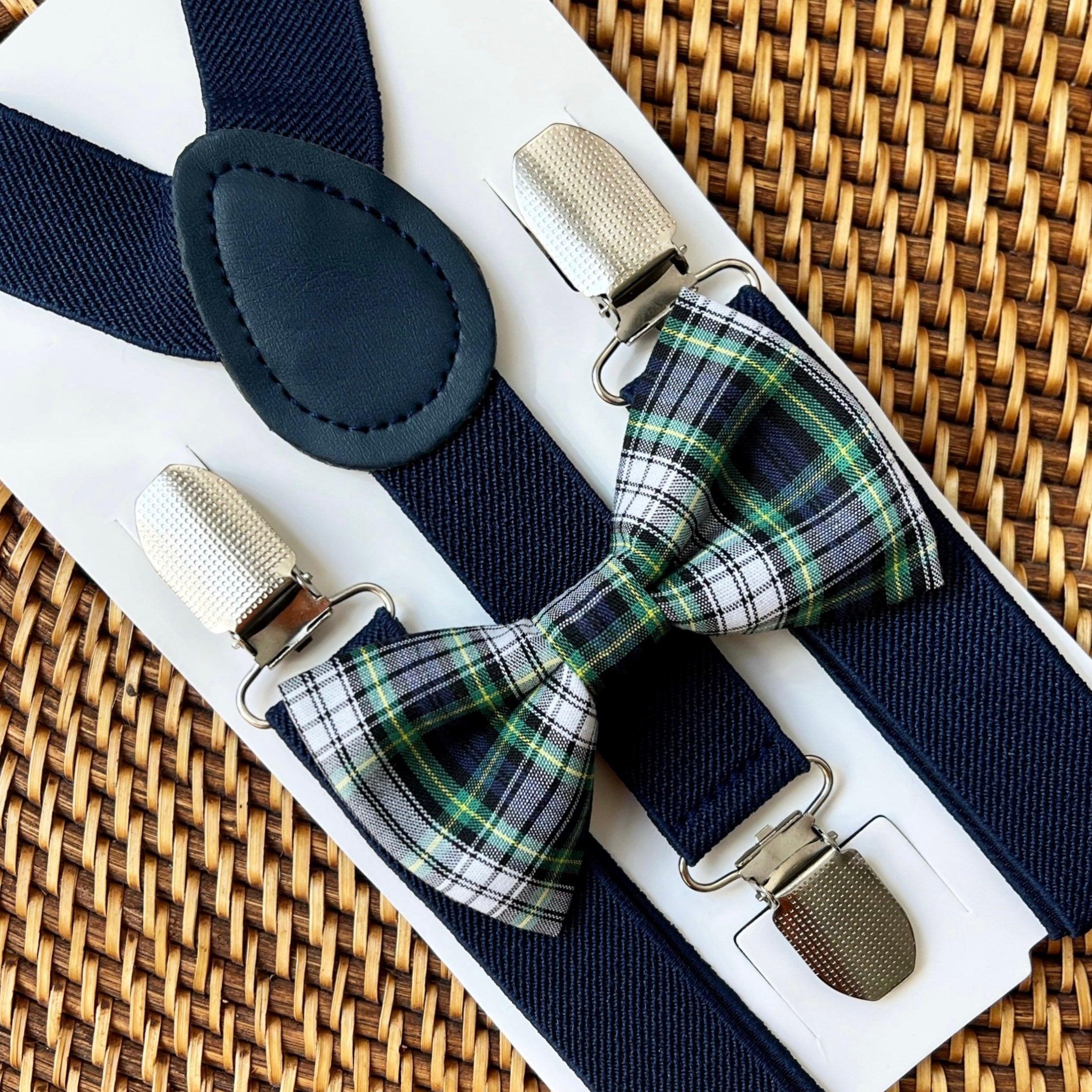 Navy Green Plaid Bow Tie & Navy Blue Suspenders