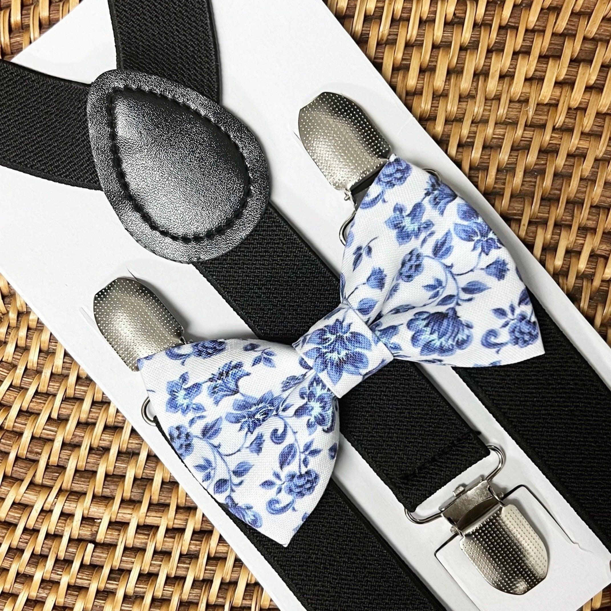 Floral bow tie and black suspenders for men, toddlers and kids handmade in the USA and pre-tied, for wedding, groomsmen and ring bearer.