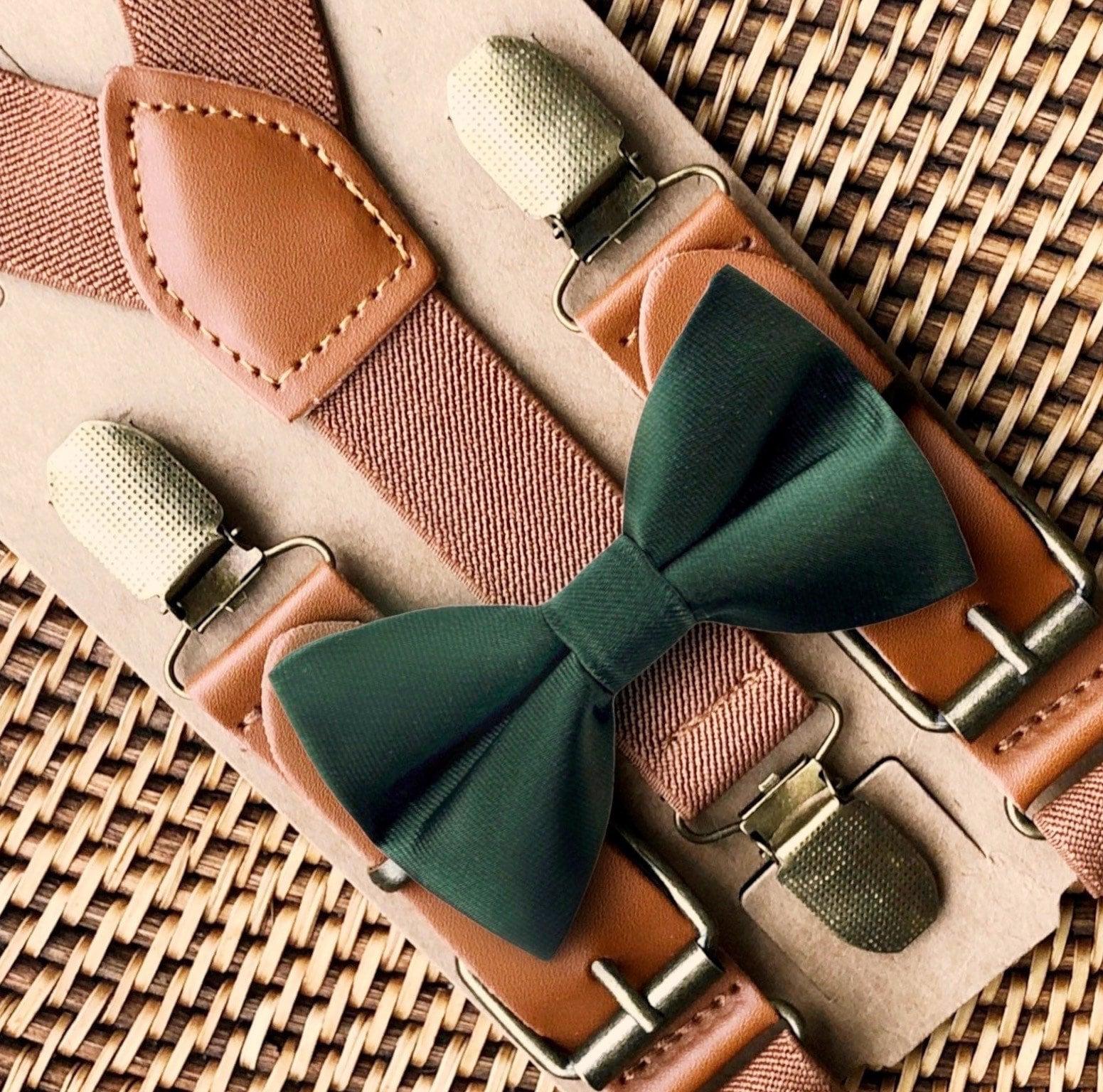 Emerald Green Bow Tie in Satin & Cognac Buckle Suspenders Set