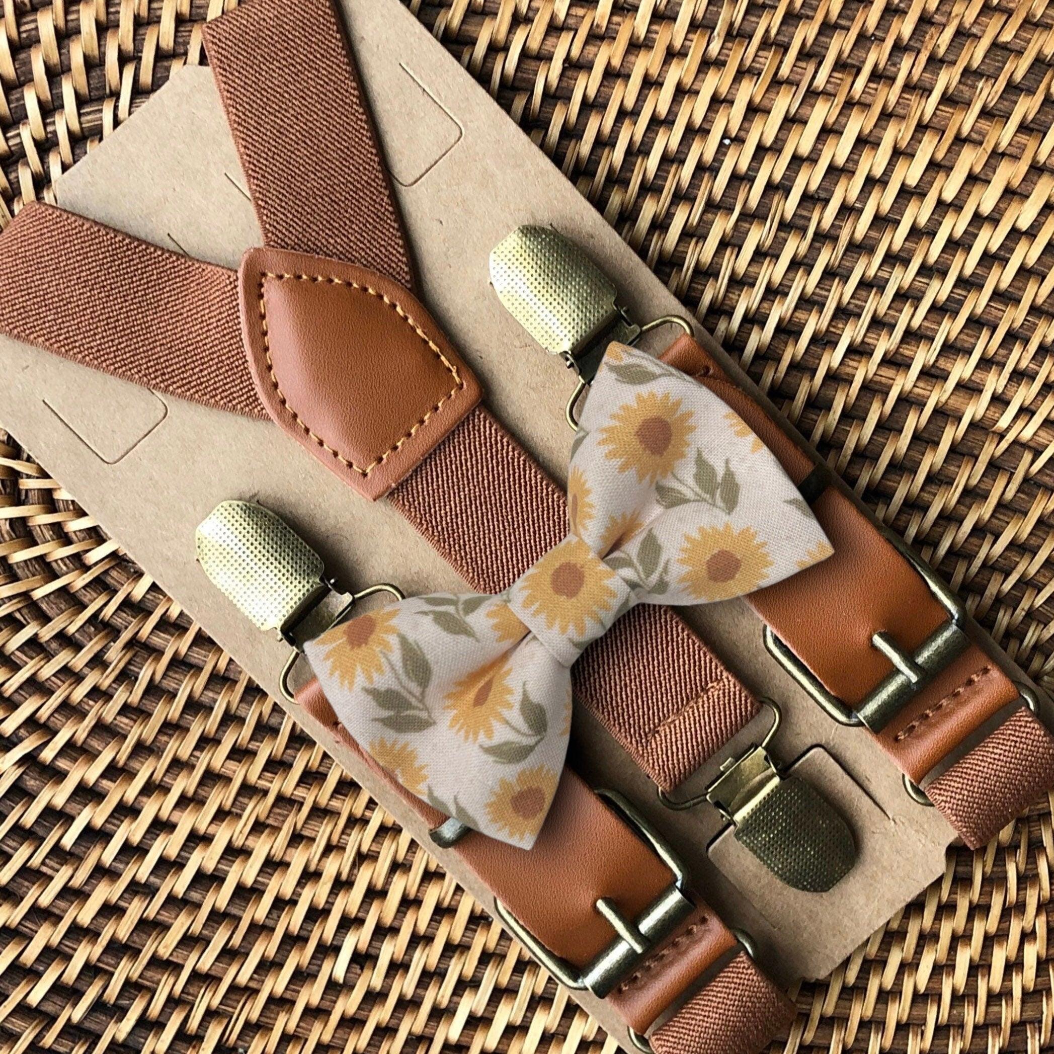 Sunflower Bow Tie & Cognac Buckle Suspenders Set for groomsmen, ring bearer and wedding.