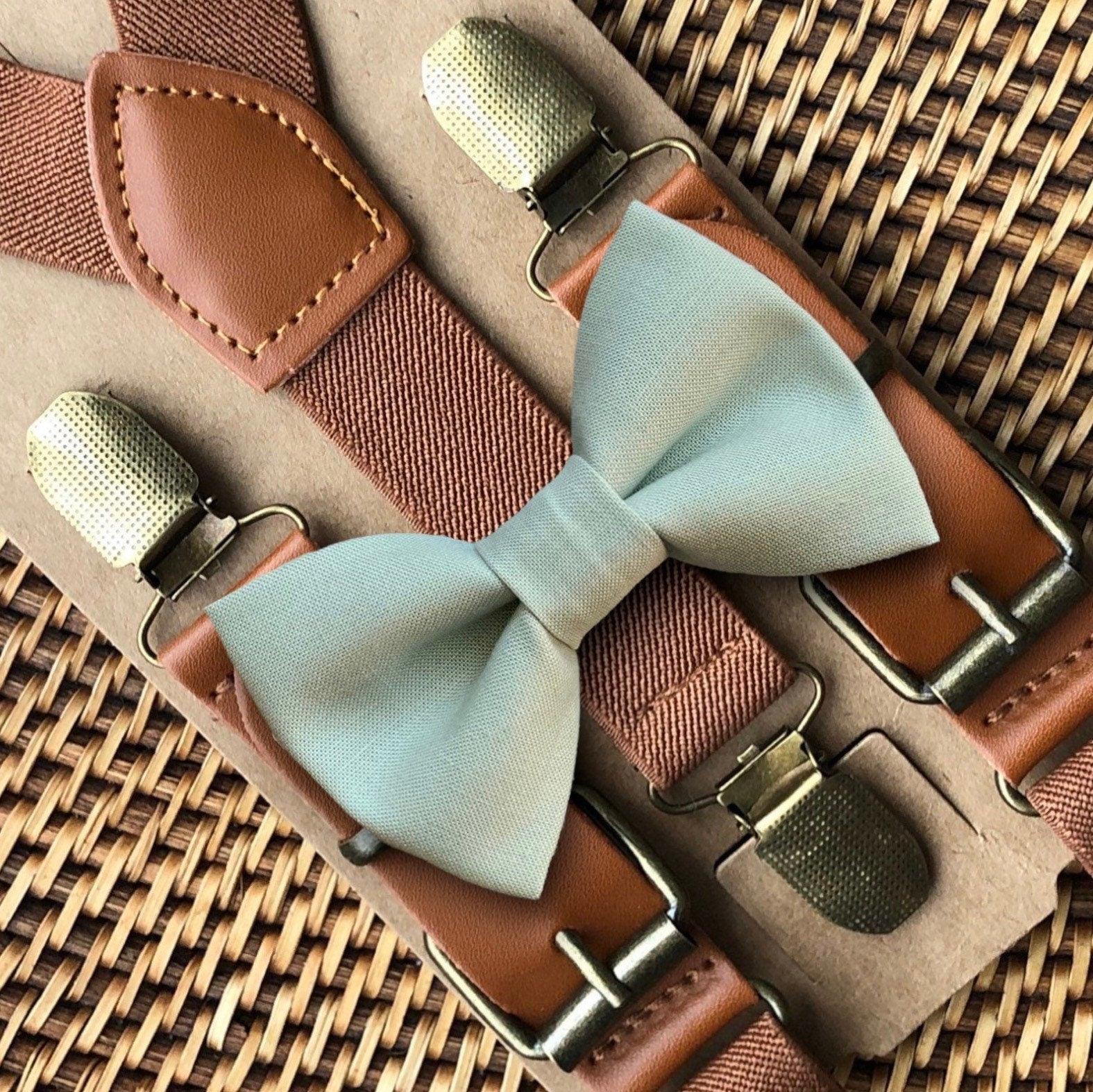 Sage Bow Tie & Cognac Buckle Suspenders Set for weddings, groomsmen and ring bearers.