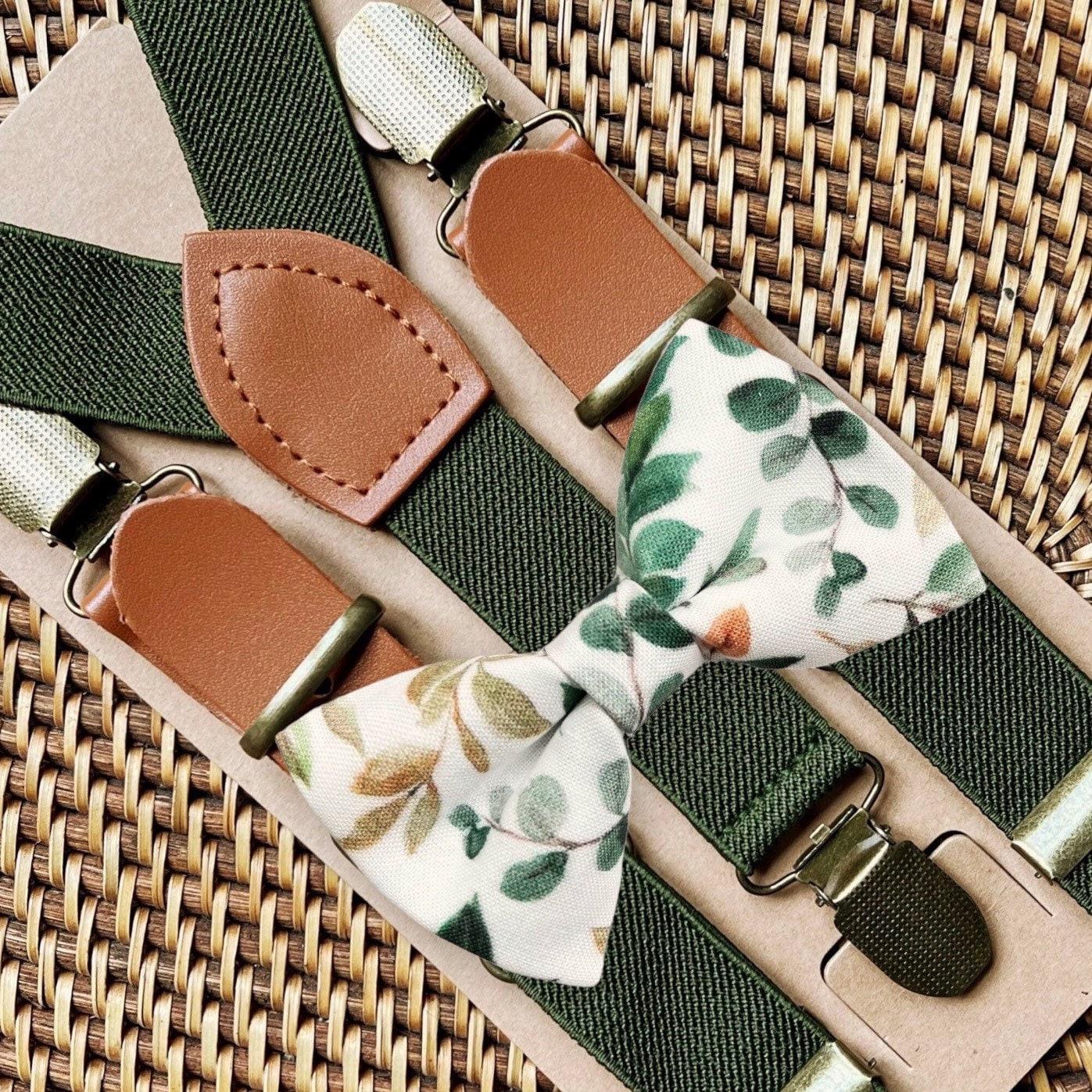Sage & Gold Greenery Bow Tie & Olive Buckle Suspenders Set for weddings, groomsmen and ring bearer outfits.