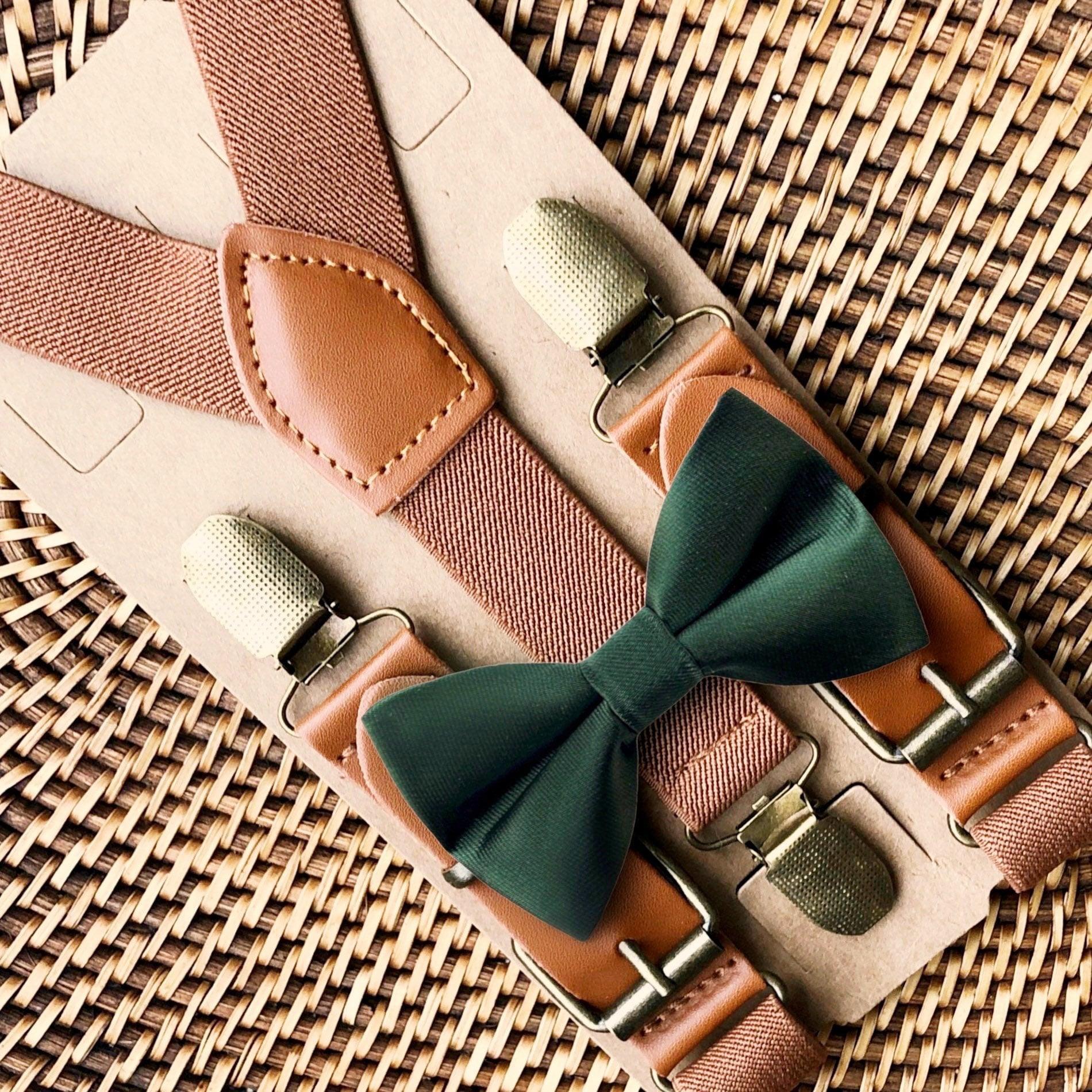 Size chart for suspender and bow tie sets from The Bold Bow Tie. X-Small (6mo-4yr): 15"-23" suspenders, 3.5" bow. Small (5-9yr): 18"-33" suspenders, 3.5" bow. Medium (10-12yr): 18"-33" suspenders, 4" bow. Adult (13yr-6'5"): 30"-53" suspenders, 4.5" bow. Big & Tall (Over 6'5"): 53"+ suspenders, 4.5" bow. Instructions note to measure from the back waistband over the shoulder to the front waistband for a comfortable fit.