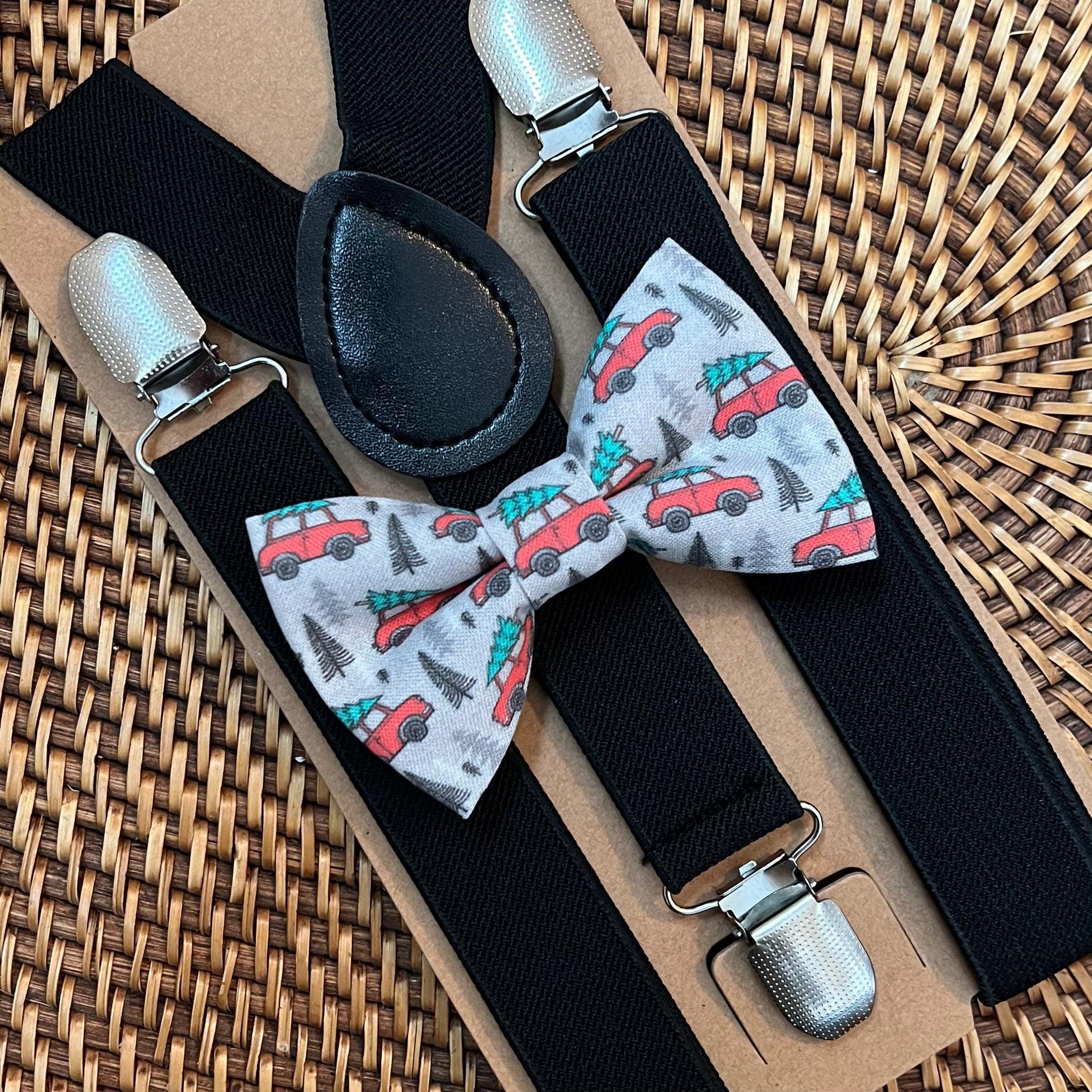 Size chart for suspender and bow tie sets from The Bold Bow Tie. Small (6mo-6yr): 18"-29" suspenders, 3.5" bow. Medium (7-12yr): 25.5"-40" suspenders, 4" bow. Adult (13yr-6ft tall): 25.5"-40" suspenders, 4.5" bow. Big & Tall (Over 6ft tall): 31"-53" suspenders, 4.5" bow. Instructions note to measure from the back waistband over the shoulder to the front waistband for a comfortable fit.