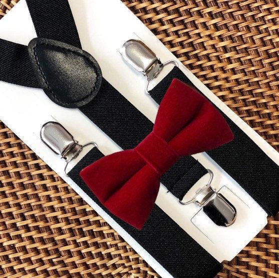 Red velvet bow tie and black suspenders for men, toddlers and kids handmade in the USA and pre-tied, for Christmas, wedding, groomsmen and ring bearer.