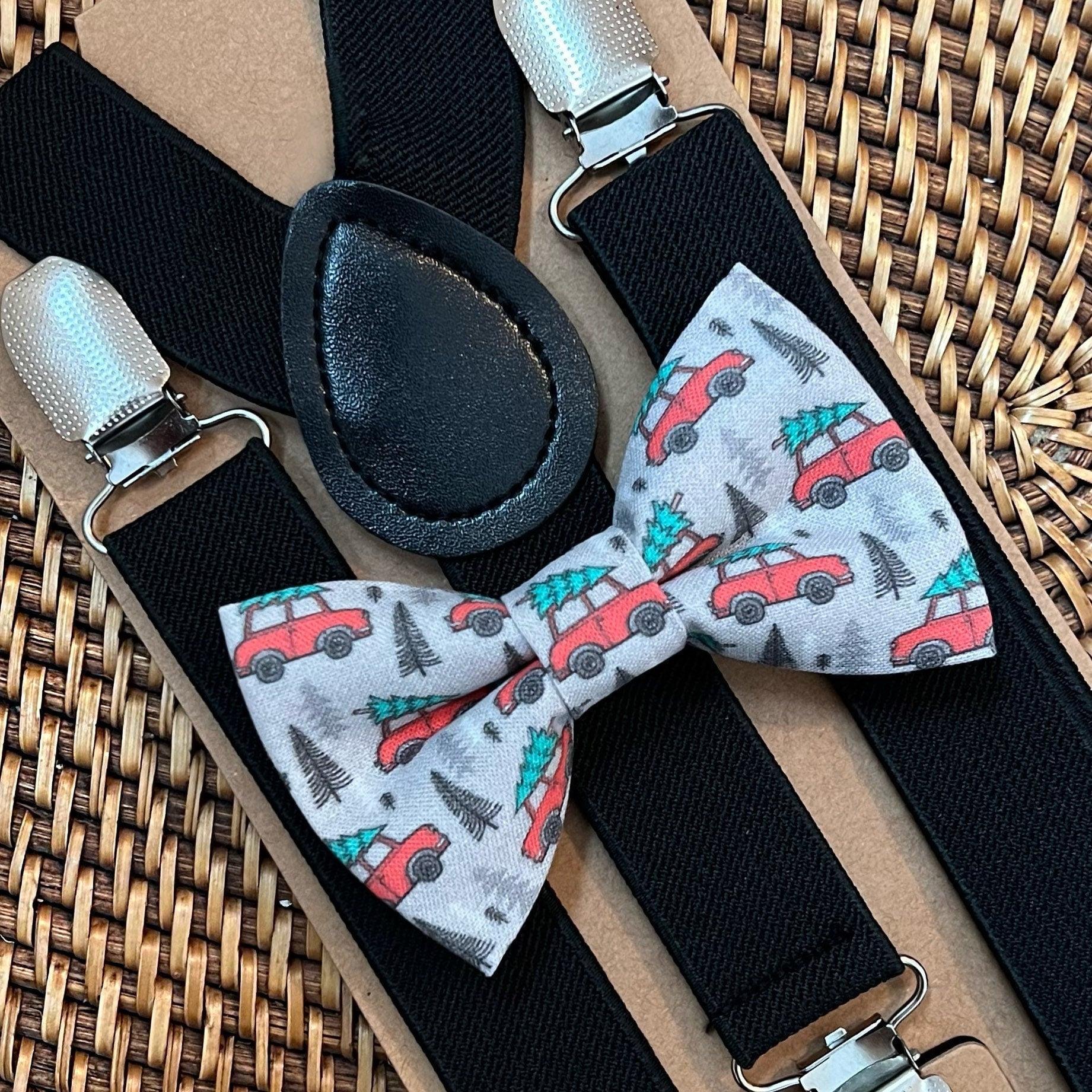 Christmas toddler bow tie in red and green and black suspenders with silver clips.