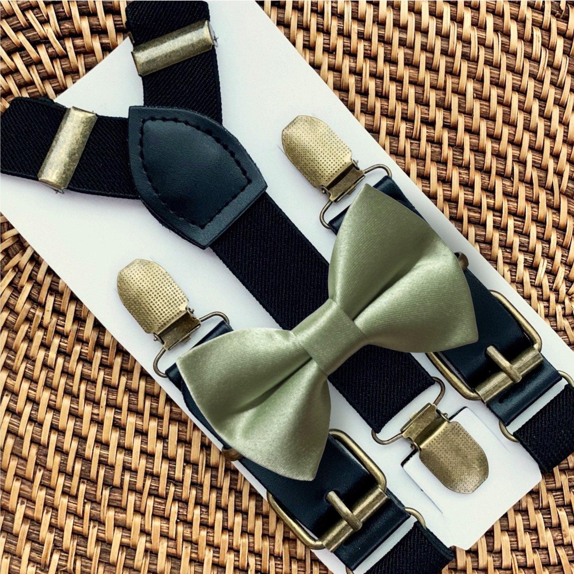 Sage bow tie and black suspenders for men, toddlers and kids handmade in the USA and pre-tied, for wedding, groomsmen and ring bearer.