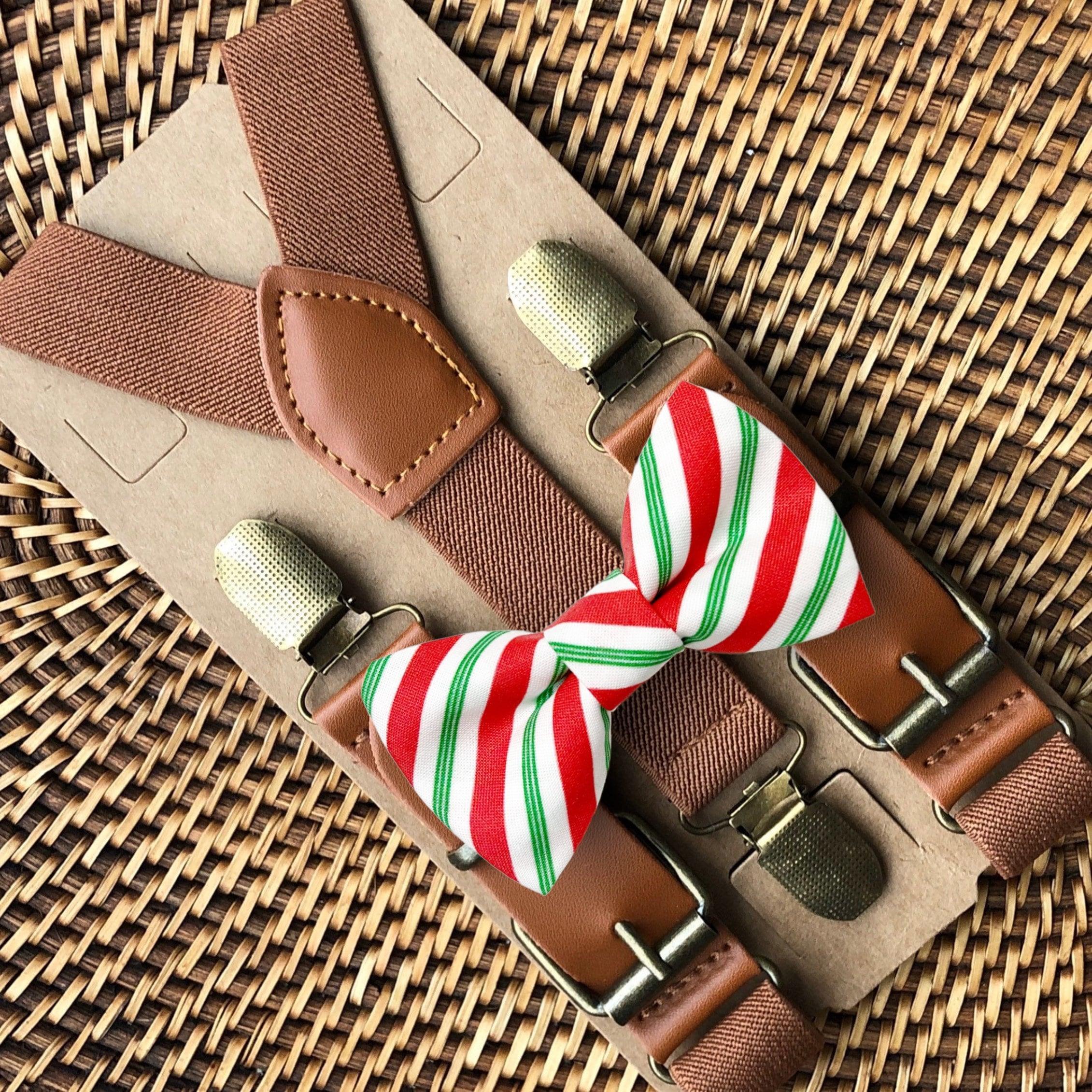 Size chart for suspender and bow tie sets from The Bold Bow Tie. X-Small (6mo-4yr): 15"-23" suspenders, 3.5" bow. Small (5-9yr): 18"-33" suspenders, 3.5" bow. Medium (10-12yr): 18"-33" suspenders, 4" bow. Adult (13yr-6'5"): 30"-53" suspenders, 4.5" bow. Big & Tall (Over 6'5"): 53"+ suspenders, 4.5" bow. Instructions note to measure from the back waistband over the shoulder to the front waistband for a comfortable fit.