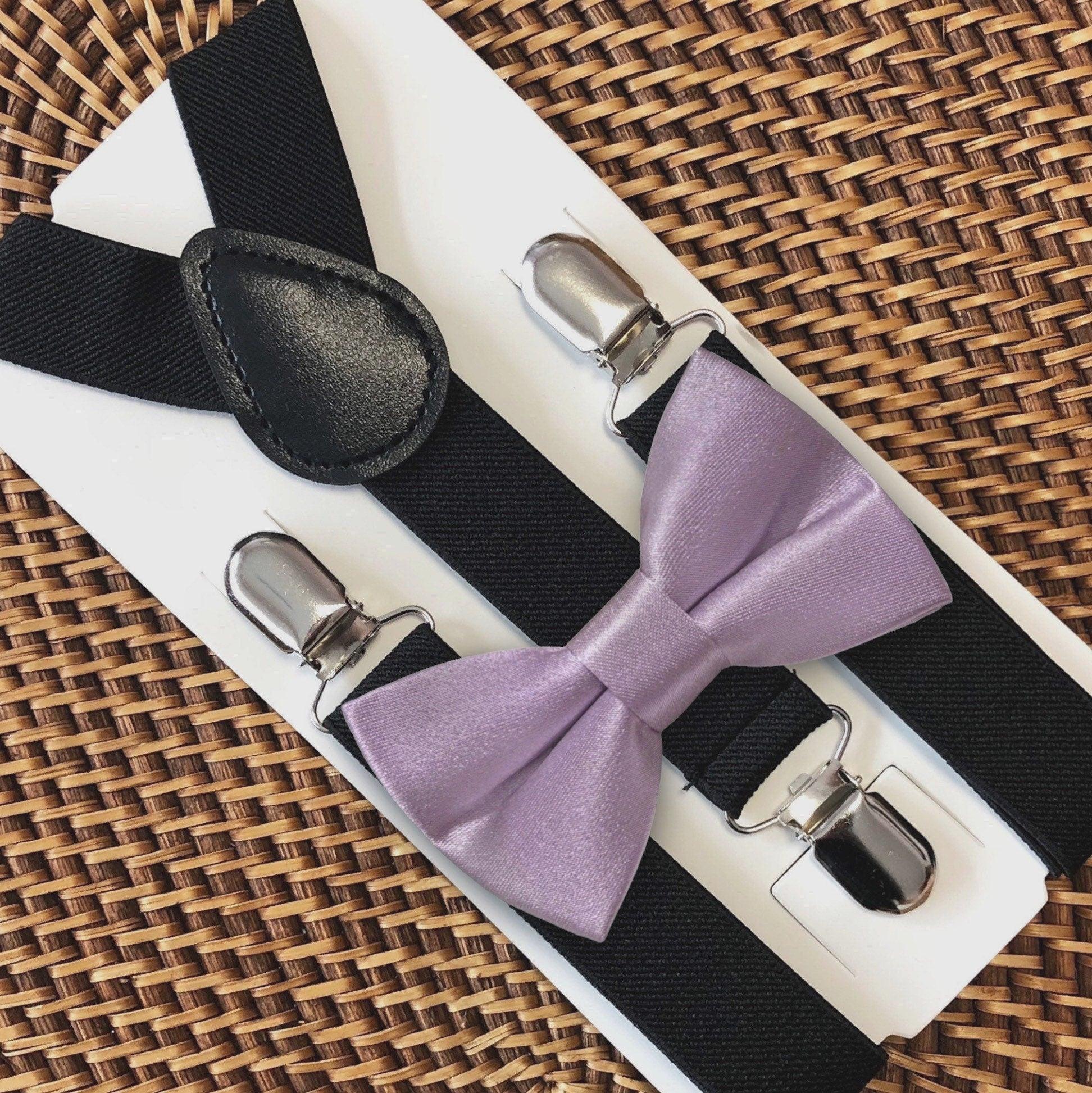 Lavender bow tie and black suspenders for men, toddlers and kids handmade in the USA and pre-tied, for wedding, groomsmen and ring bearer.