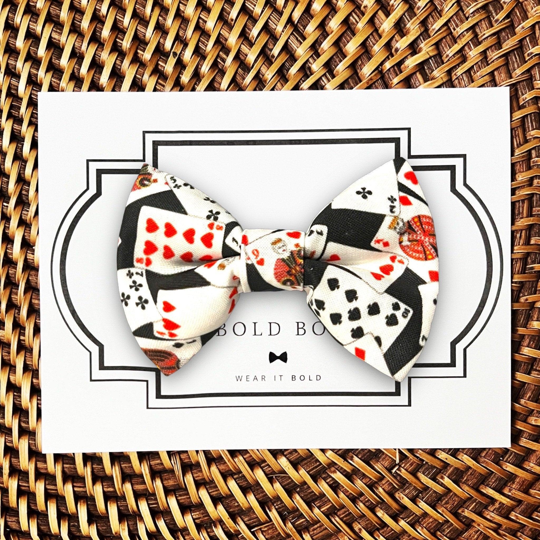 Casino Night Bow Tie for Dog and Cat Collar displayed on a white card with bold border design
