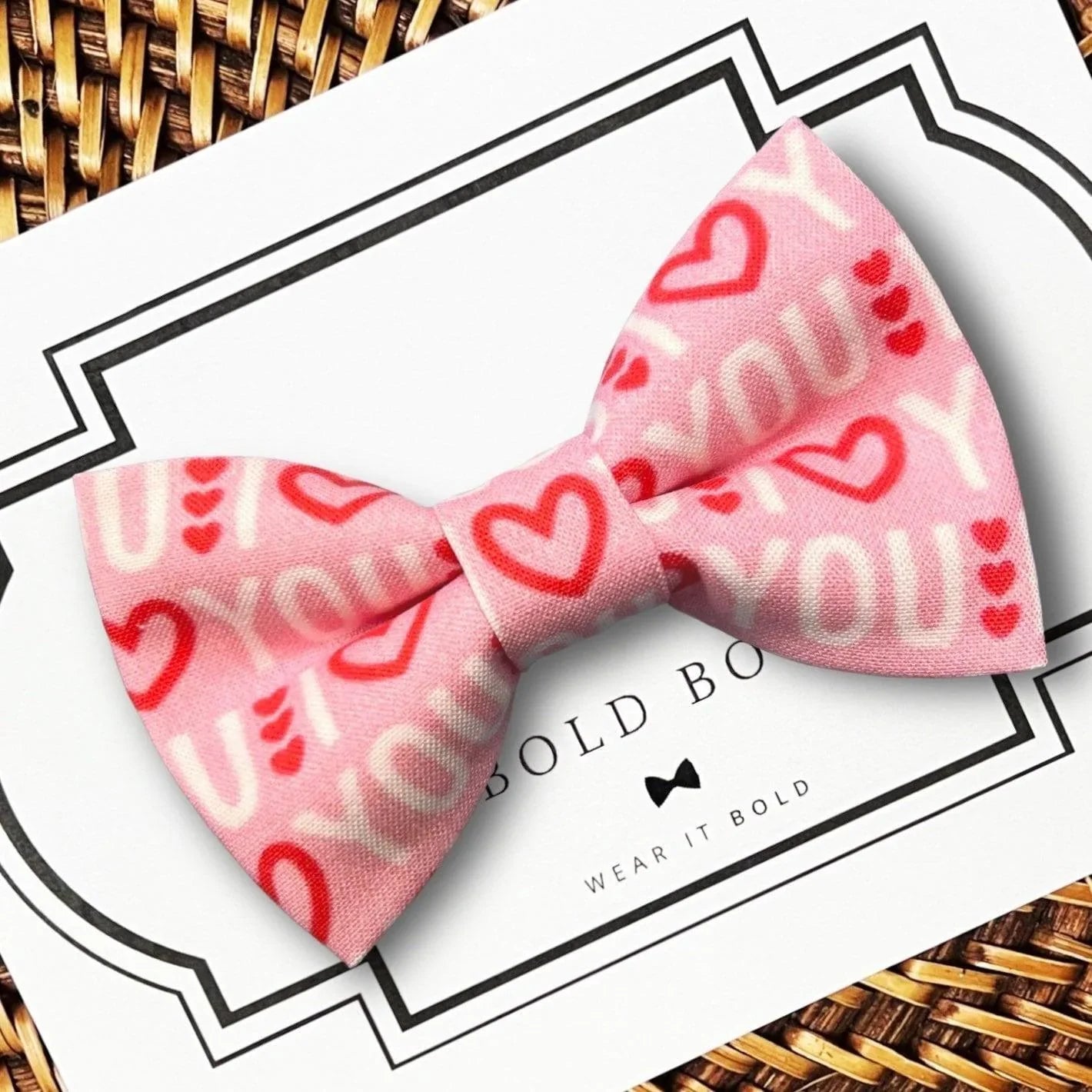 Pink dog bow tie for Valentine’s Day, over the collar, slip on.