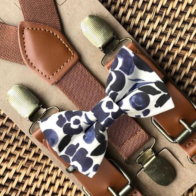 Navy and White bow tie and brown suspenders for men, toddlers and kids handmade in the USA and pre-tied, for wedding, groomsmen and ring bearer.