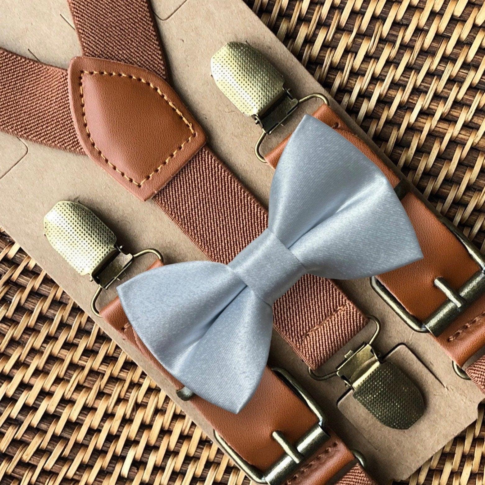 Light blue bow tie and brown suspenders for men, toddlers and kids handmade in the USA and pre-tied, for wedding, groomsmen and ring bearer.