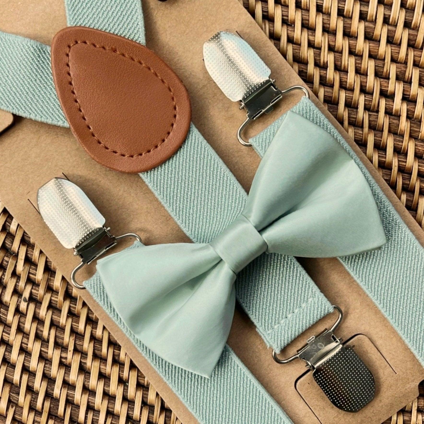 Sage green bow tie and sage suspenders for men, toddlers and kids handmade in the USA and pre-tied, for wedding, groomsmen and ring bearer.