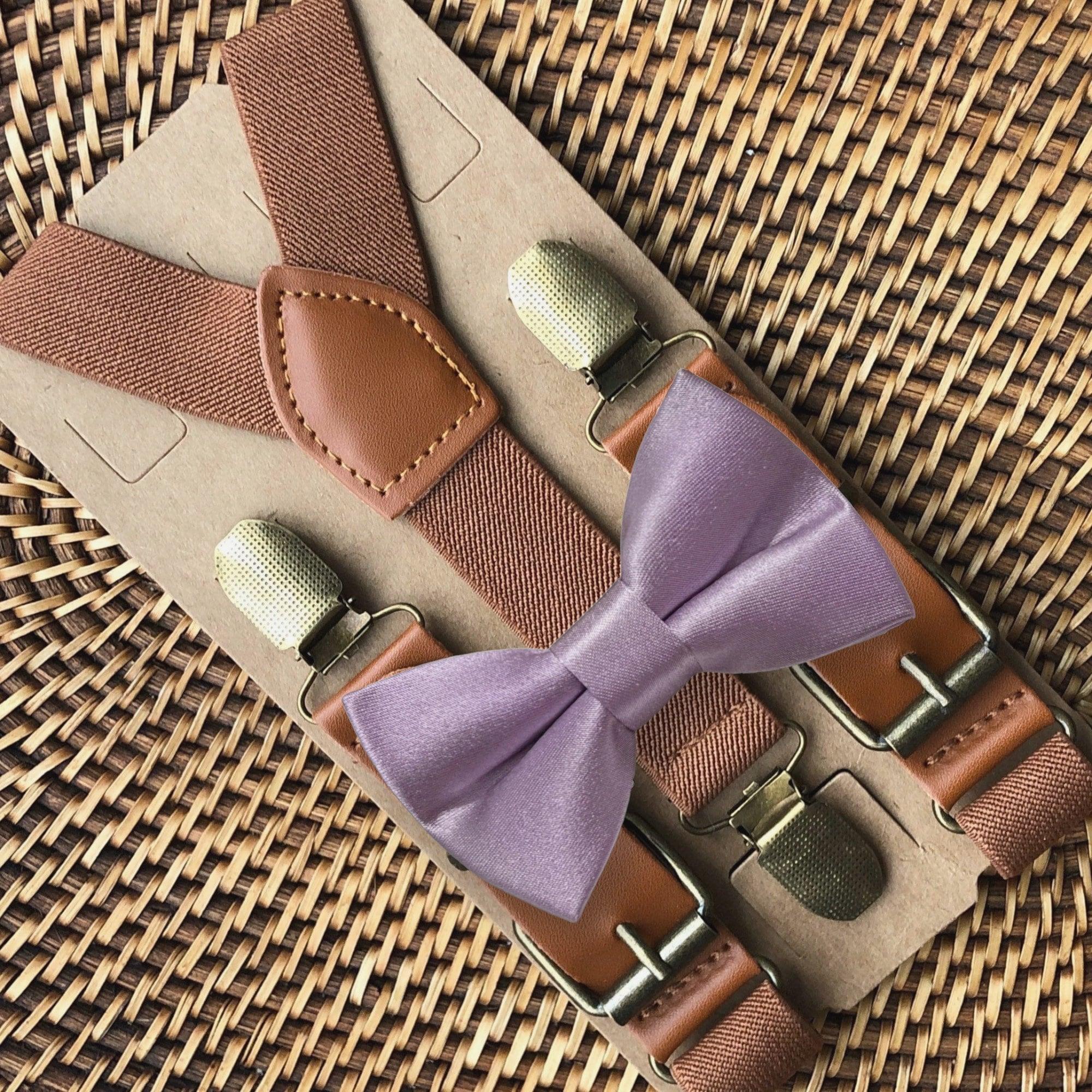 Size chart for suspender and bow tie sets from The Bold Bow Tie. X-Small (6mo-4yr): 15"-23" suspenders, 3.5" bow. Small (5-9yr): 18"-33" suspenders, 3.5" bow. Medium (10-12yr): 18"-33" suspenders, 4" bow. Adult (13yr-6'5"): 30"-53" suspenders, 4.5" bow. Big & Tall (Over 6'5"): 53"+ suspenders, 4.5" bow. Instructions note to measure from the back waistband over the shoulder to the front waistband for a comfortable fit.